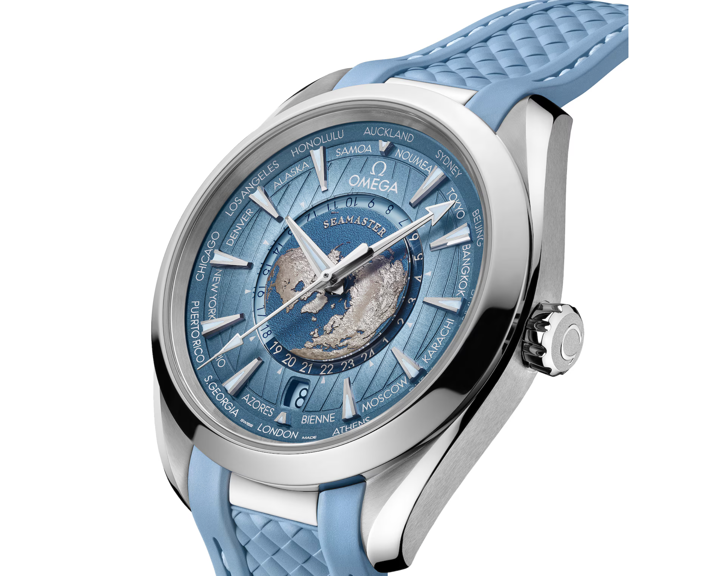 Omega Seamaster Aqua Terra 150M Co‑Axial Master Chronometer GMT Worldtimer 43mm – Summer Blue-Omega-JD Watches NY