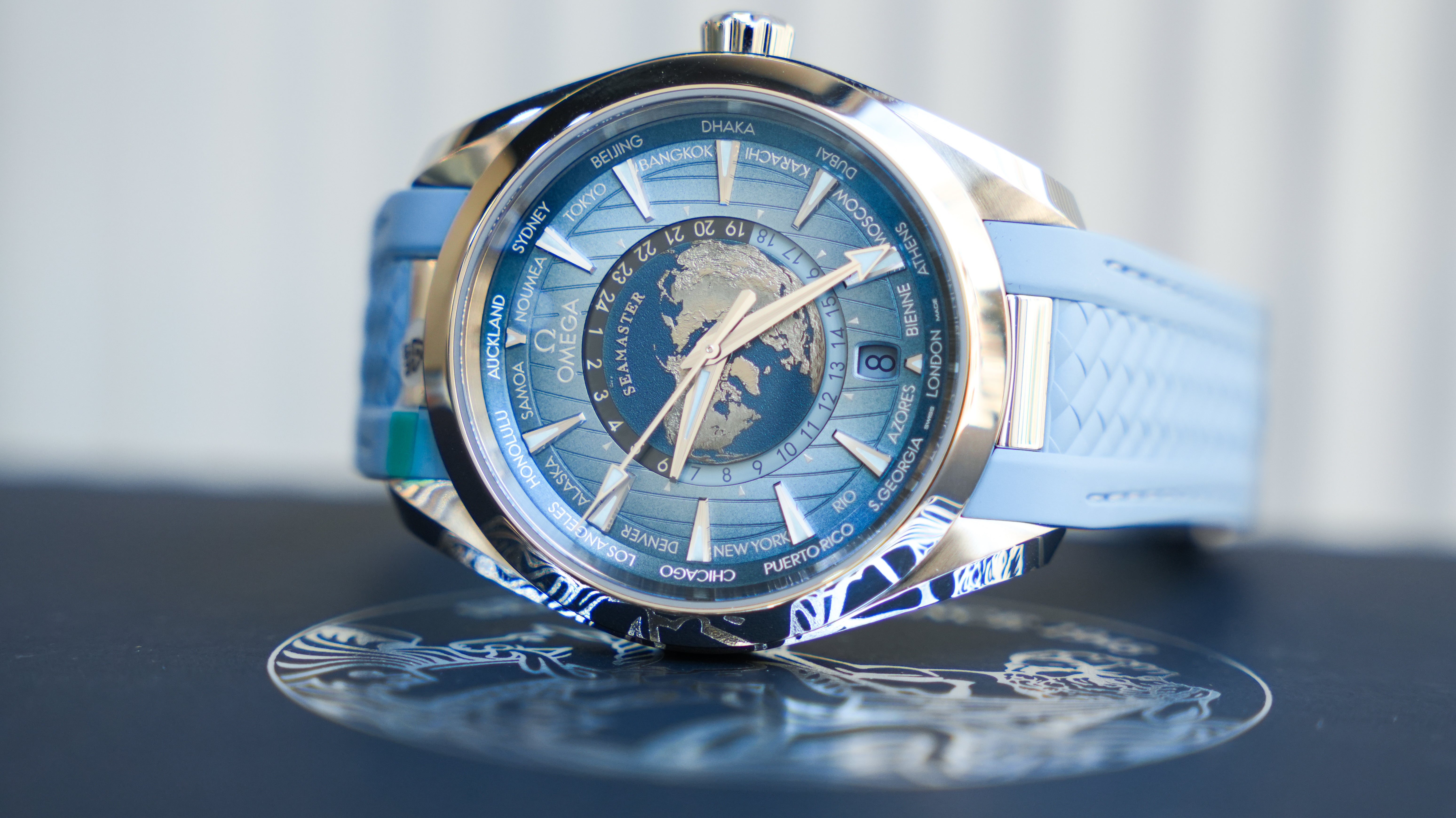 Omega Seamaster Aqua Terra 150M Co‑Axial Master Chronometer GMT Worldtimer 43mm – Summer Blue-Omega-JD Watches NY