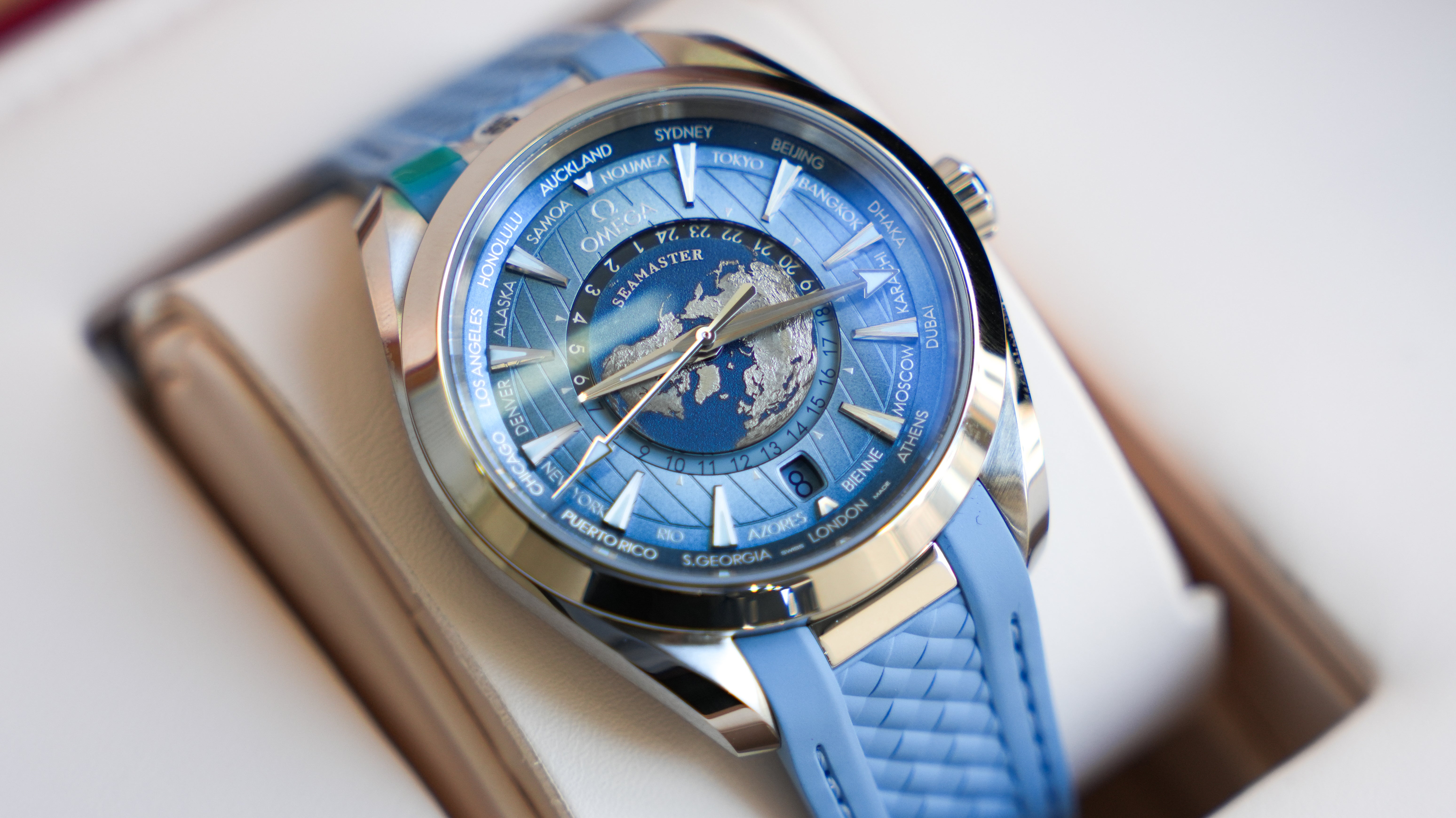 Omega Seamaster Aqua Terra 150M Co‑Axial Master Chronometer GMT Worldtimer 43mm – Summer Blue-Omega-JD Watches NY
