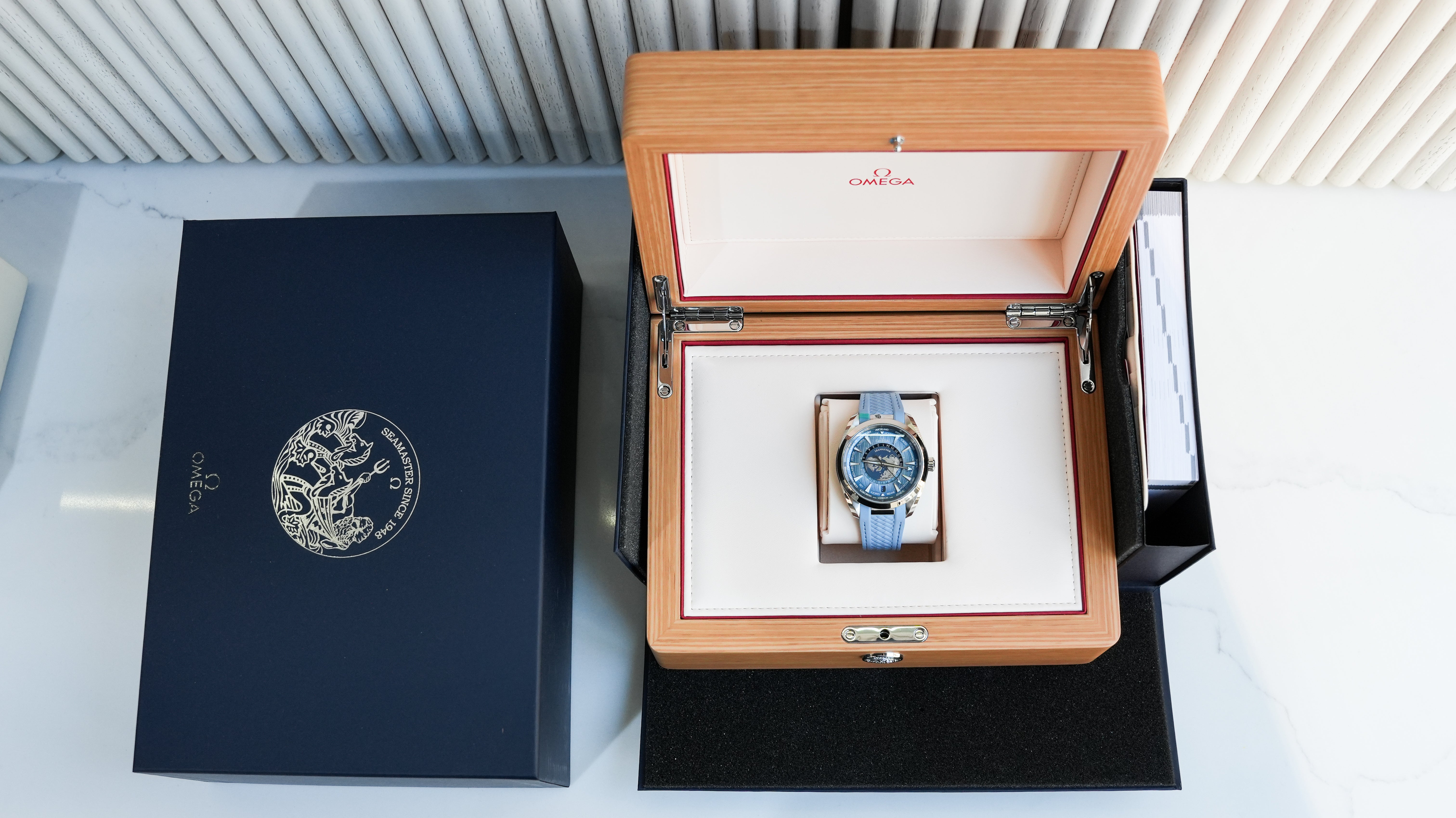 Omega Seamaster Aqua Terra 150M Co‑Axial Master Chronometer GMT Worldtimer 43mm – Summer Blue-Omega-JD Watches NY