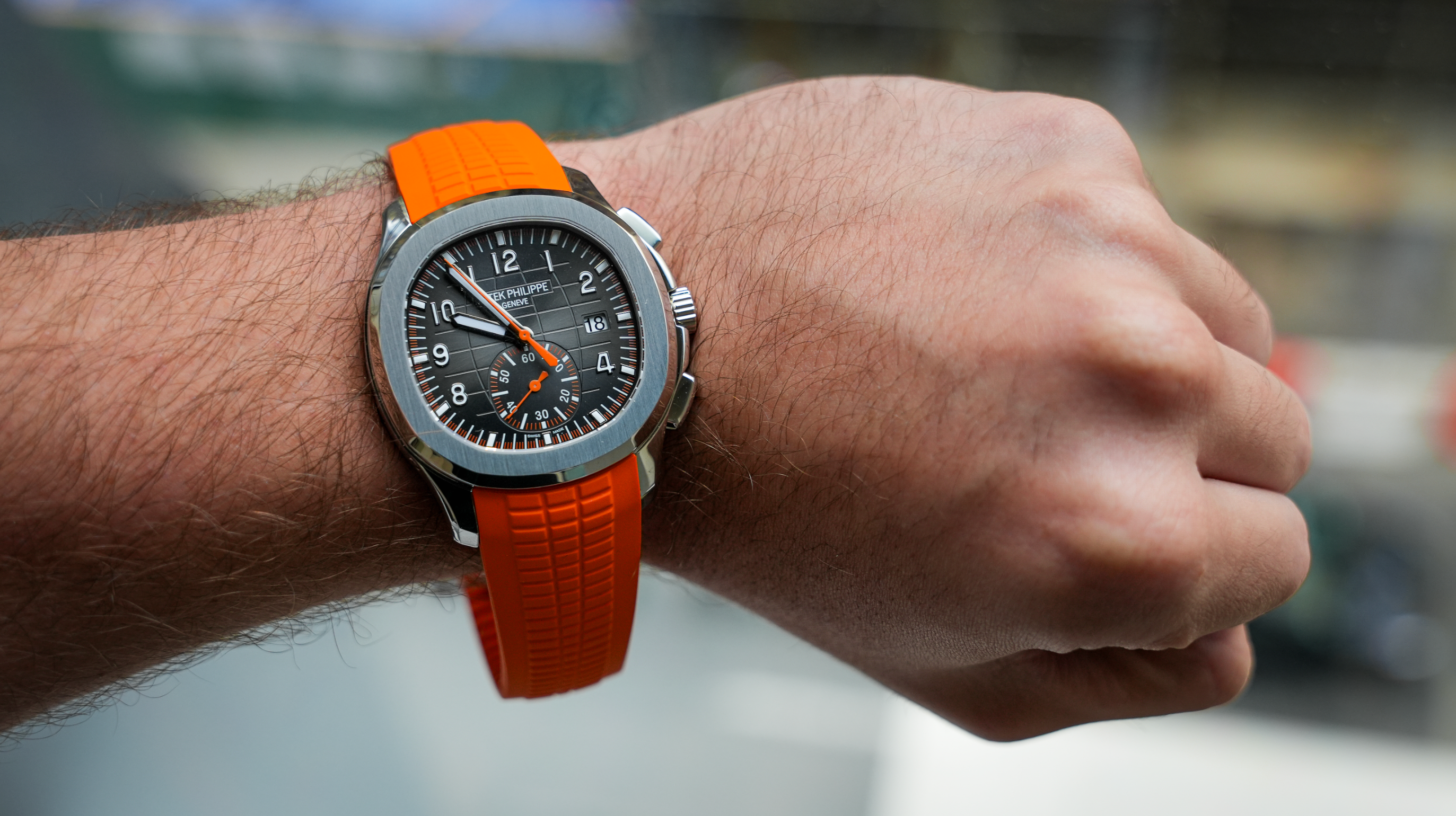 Patek Philippe Aquanaut Chronograph 5968A-001 – Stainless Steel – Black Embossed Dial – Orange Rubber Strap