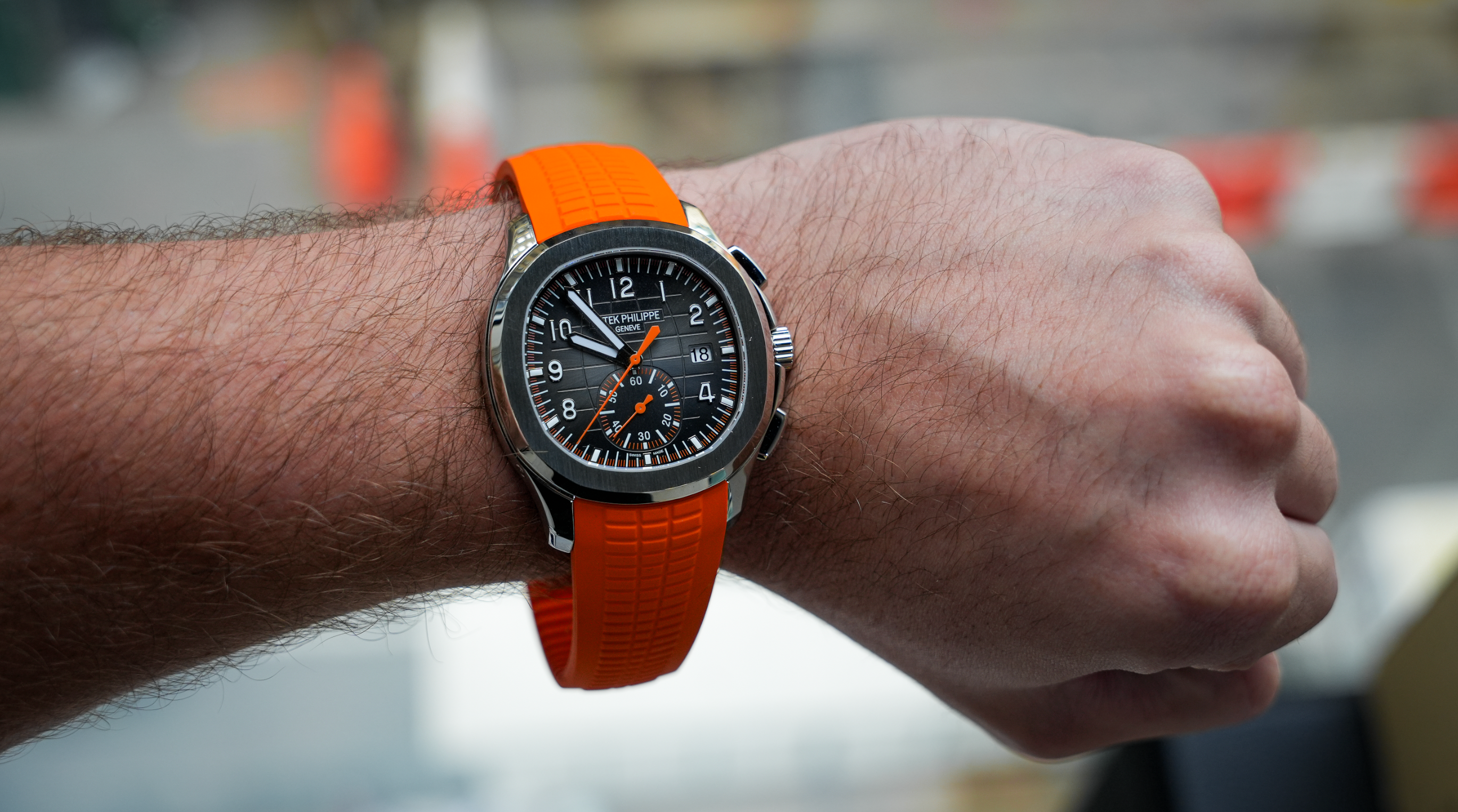 Patek Philippe Aquanaut Chronograph 5968A-001 – Stainless Steel – Black Embossed Dial – Orange Rubber Strap