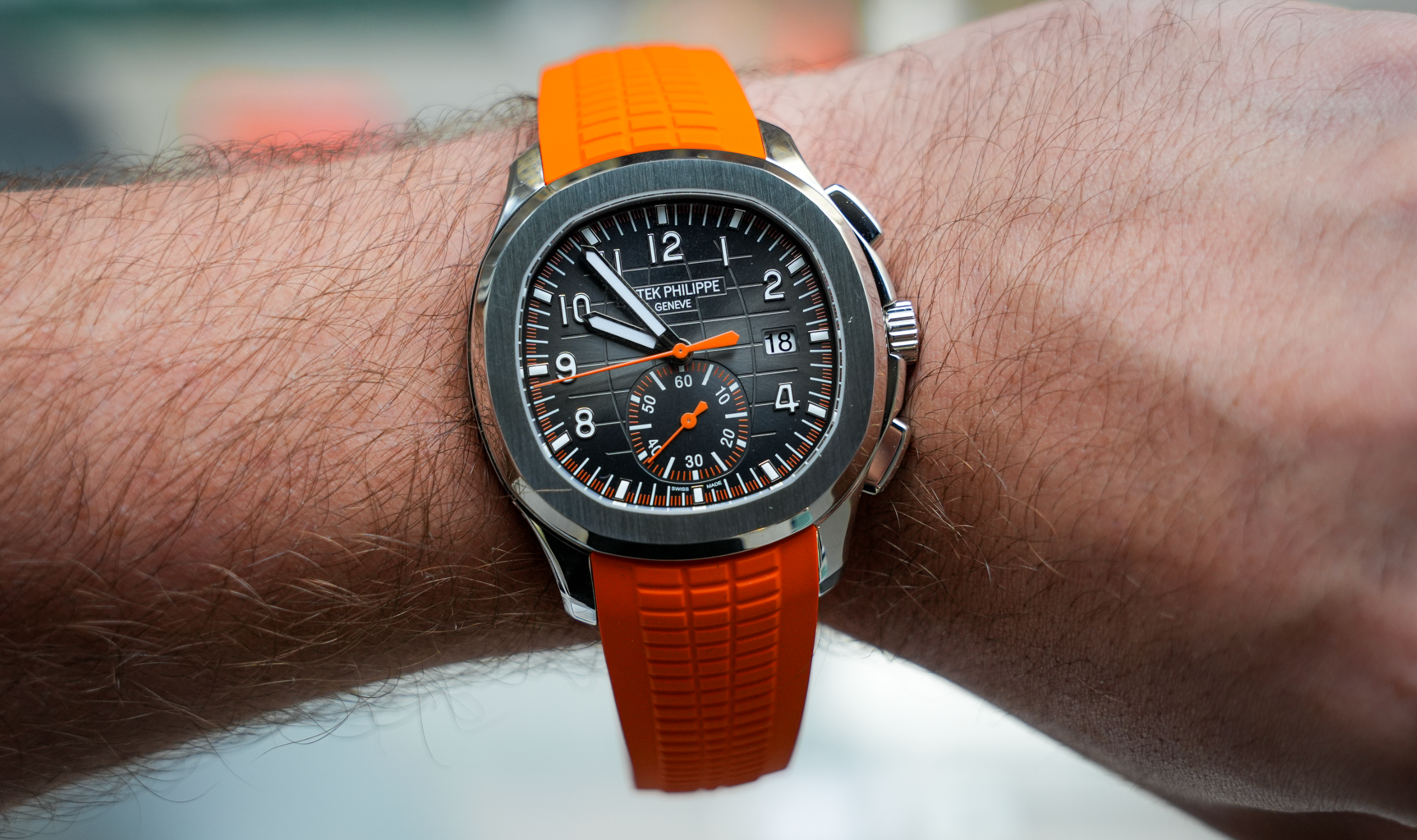 Patek Philippe Aquanaut Chronograph 5968A-001 – Stainless Steel – Black Embossed Dial – Orange Rubber Strap