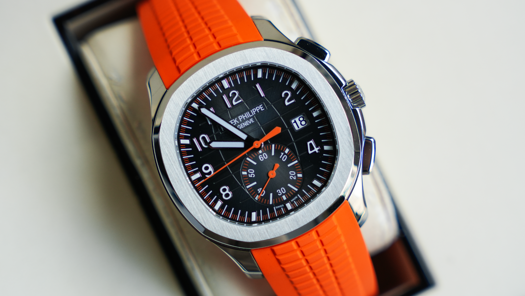 Patek Philippe Aquanaut Chronograph 5968A-001 – Stainless Steel – Black Embossed Dial – Orange Rubber Strap
