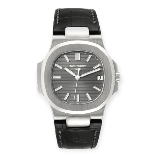 Patek Philippe Nautilus 18K White Gold Black Strap Mens Watch 5711