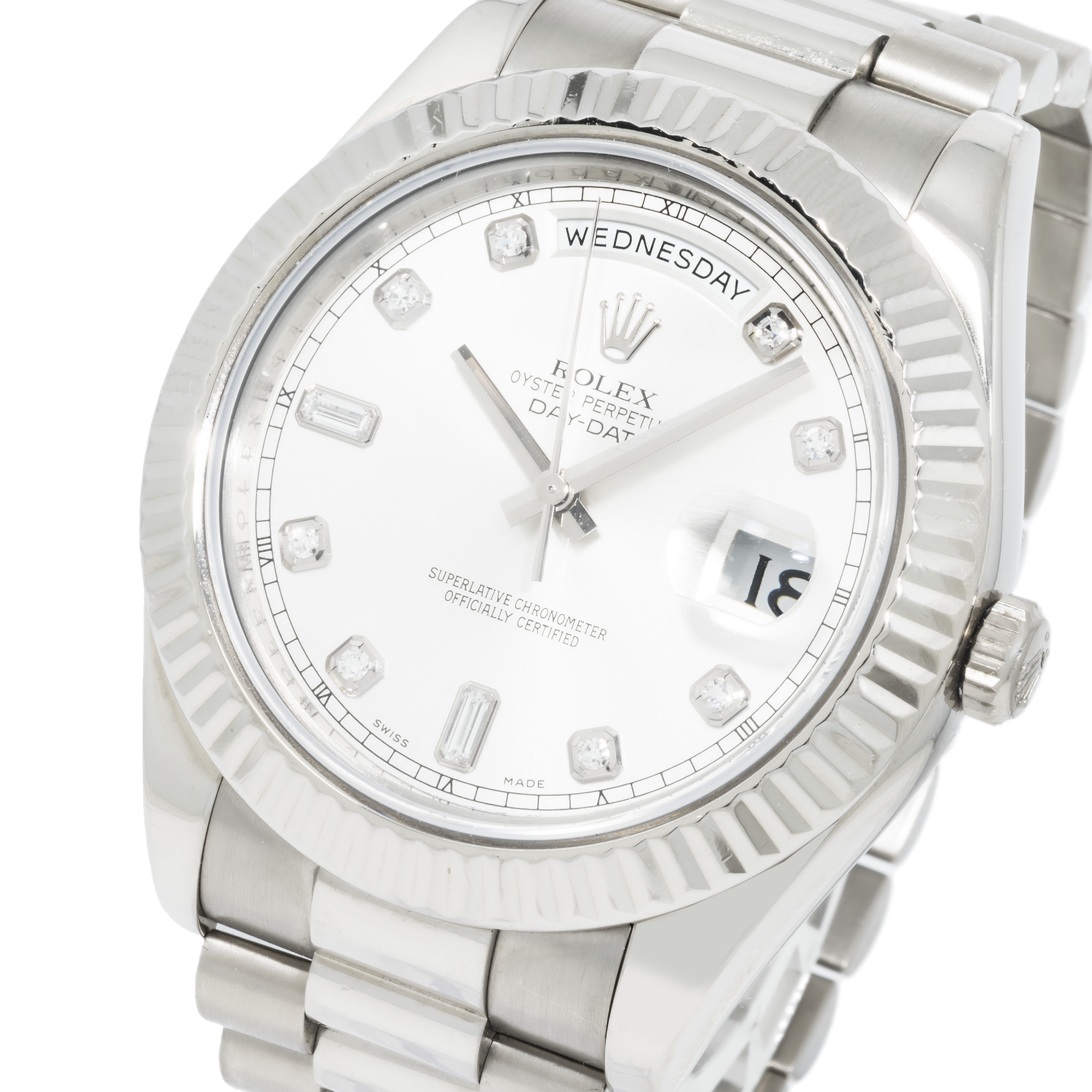 Rolex 18K White 41mm Gold Day-Date II with Silver Baguette and Diamond Dial, President Braclet-Rolex-JD Watches NY