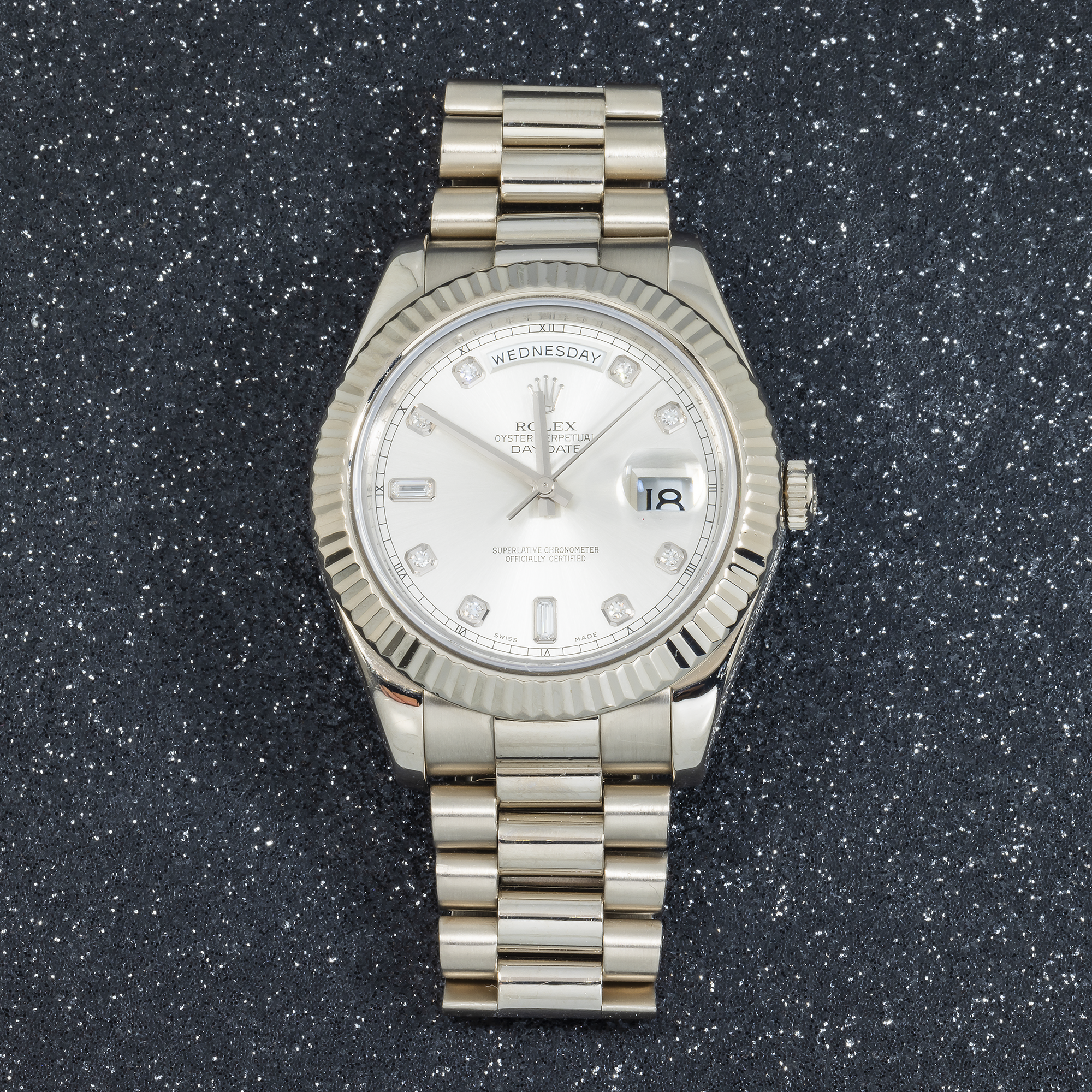 Rolex 18K White 41mm Gold Day-Date II with Silver Baguette and Diamond Dial, President Braclet-Rolex-JD Watches NY