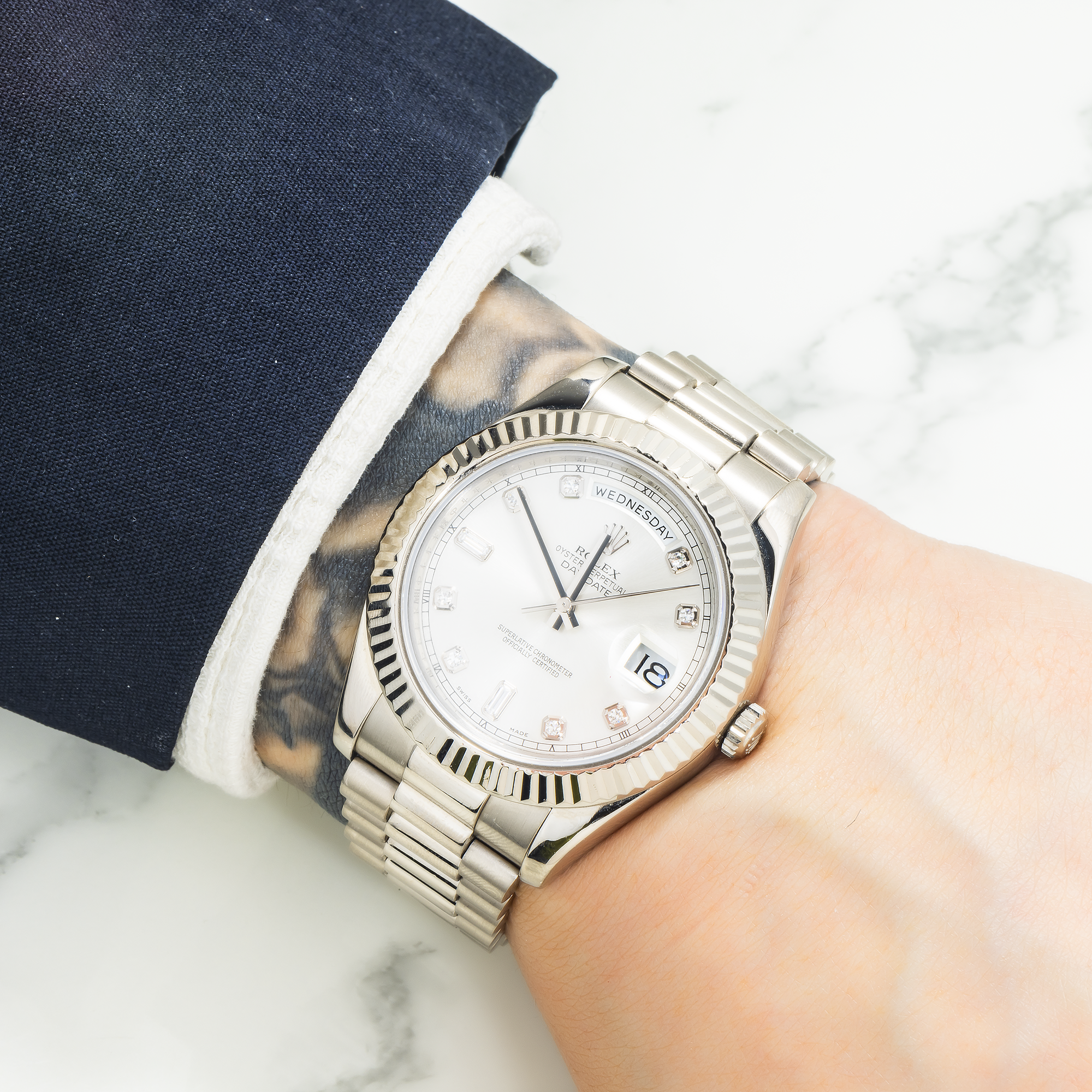 Rolex 18K White 41mm Gold Day-Date II with Silver Baguette and Diamond Dial, President Braclet-Rolex-JD Watches NY