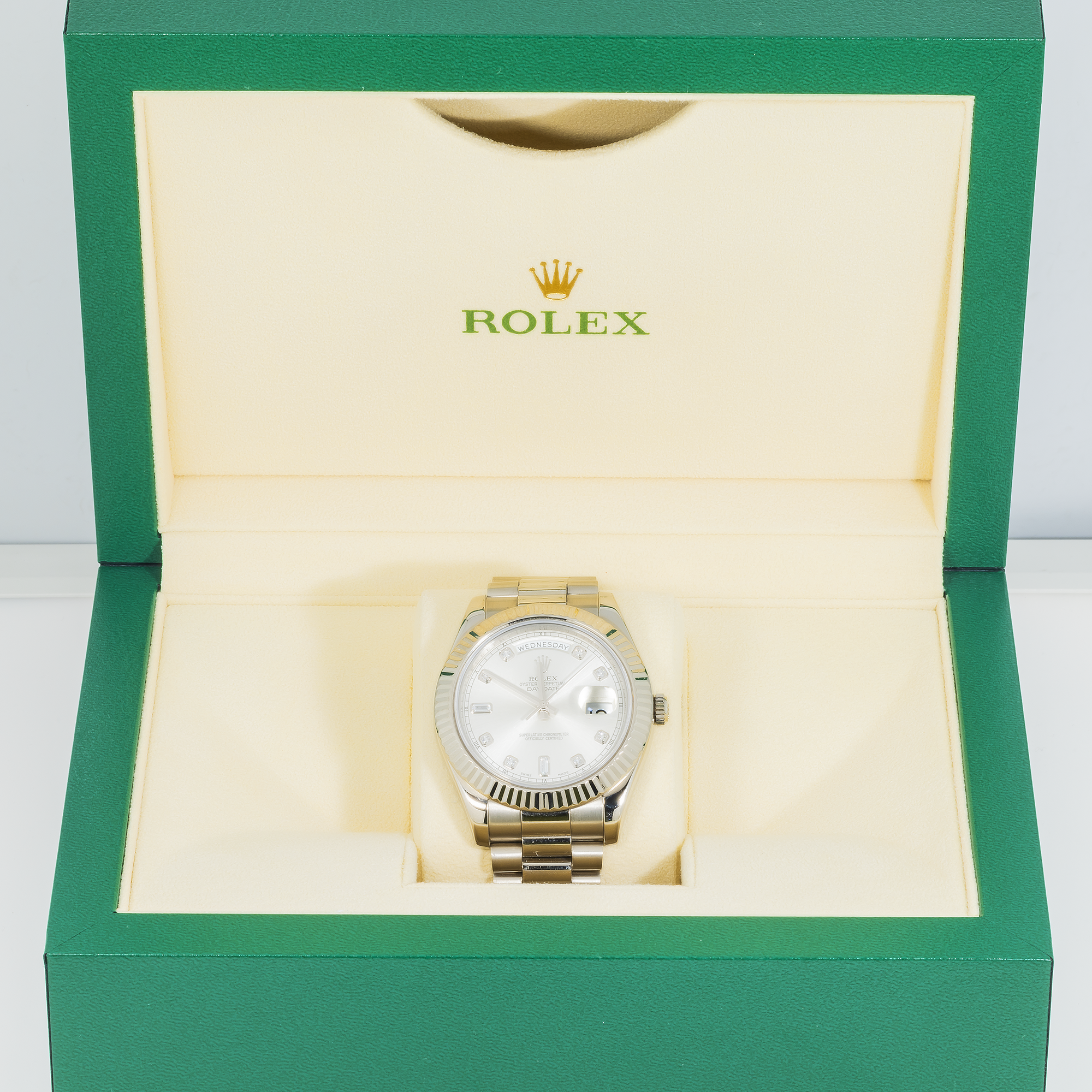 Rolex 18K White 41mm Gold Day-Date II with Silver Baguette and Diamond Dial, President Braclet-Rolex-JD Watches NY