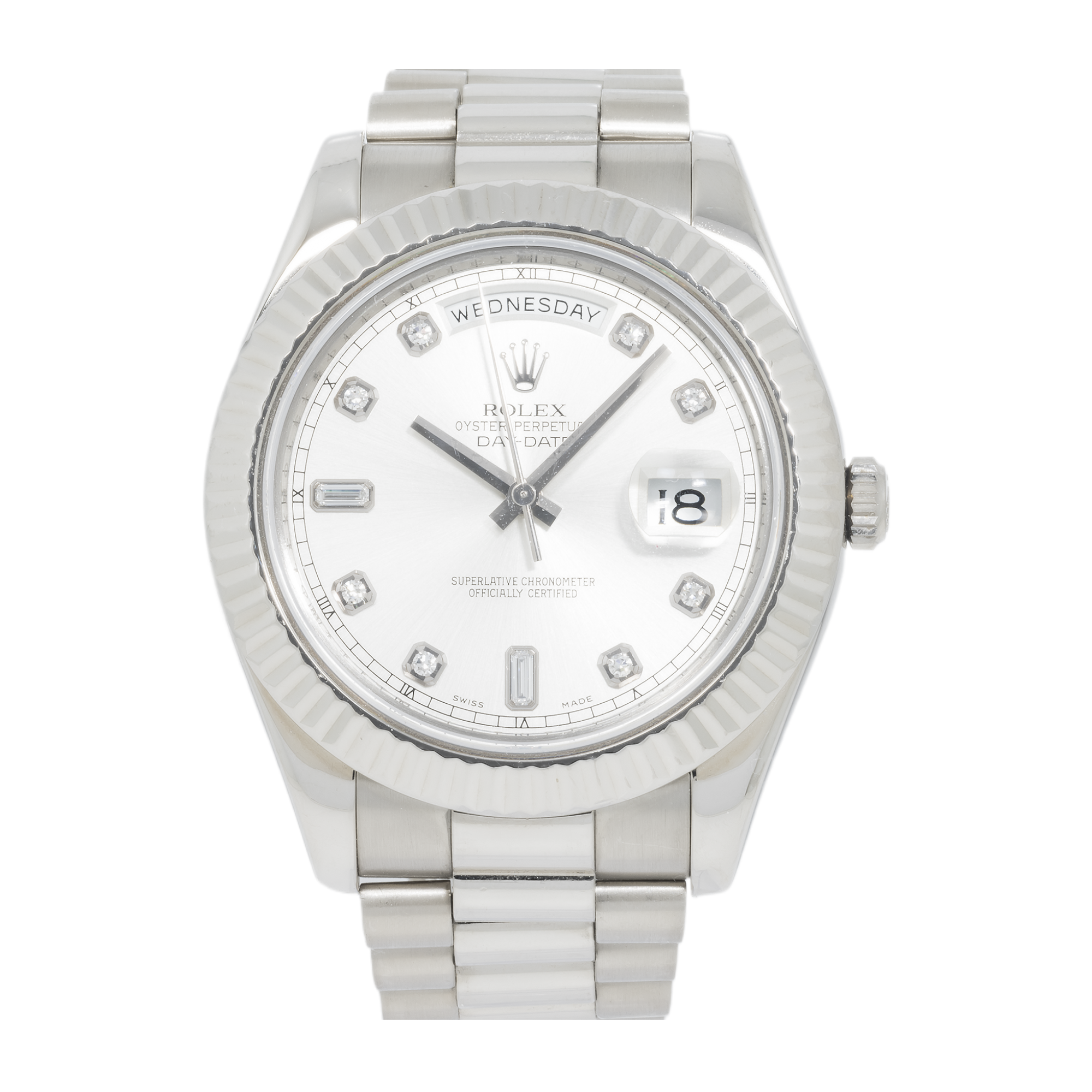 Rolex 18K White 41mm Gold Day-Date II with Silver Baguette and Diamond Dial, President Braclet-Rolex-JD Watches NY
