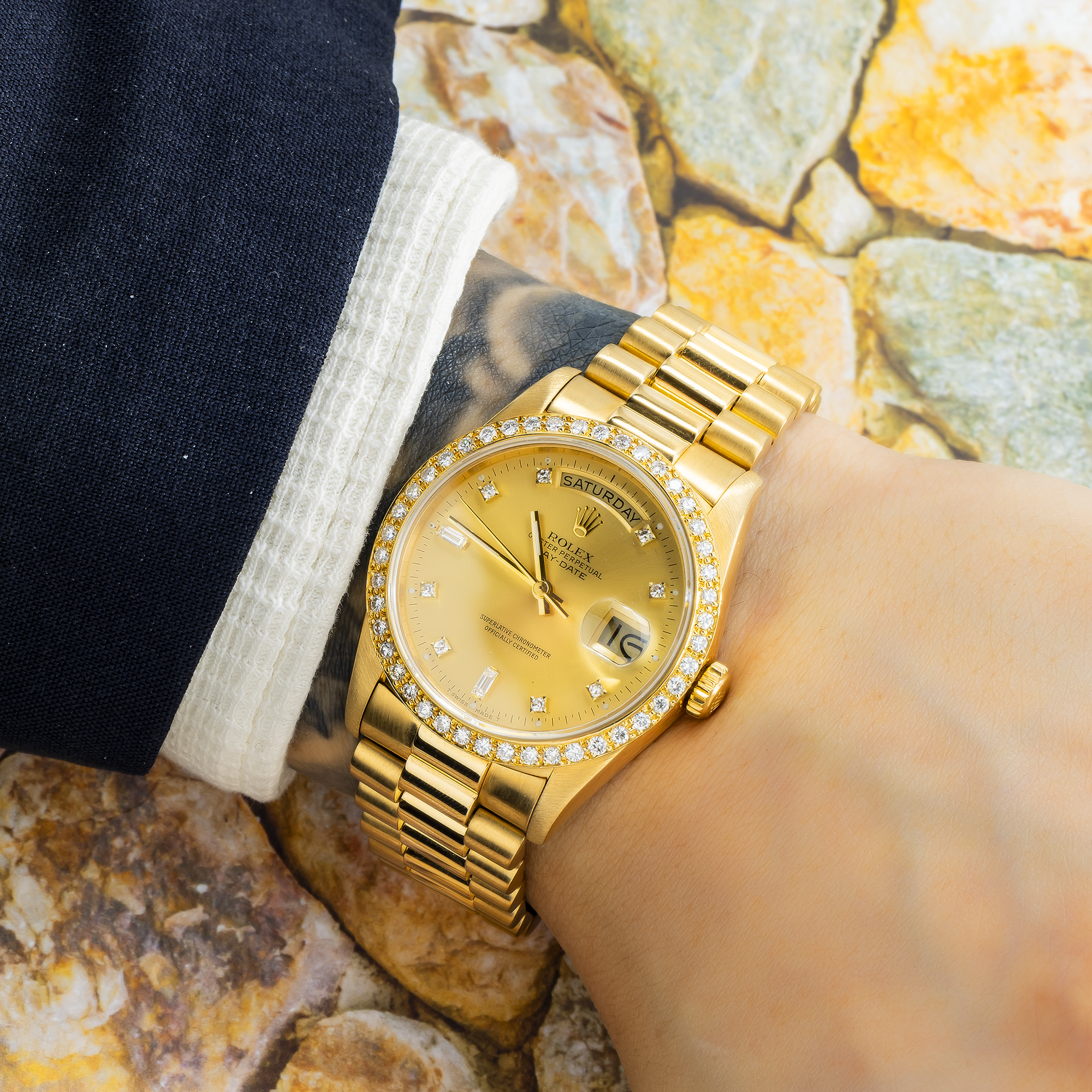 Rolex 18K Yellow Gold Day Date with Champagne Diamond Dial and President Bracelet-Rolex-JD Watches NY