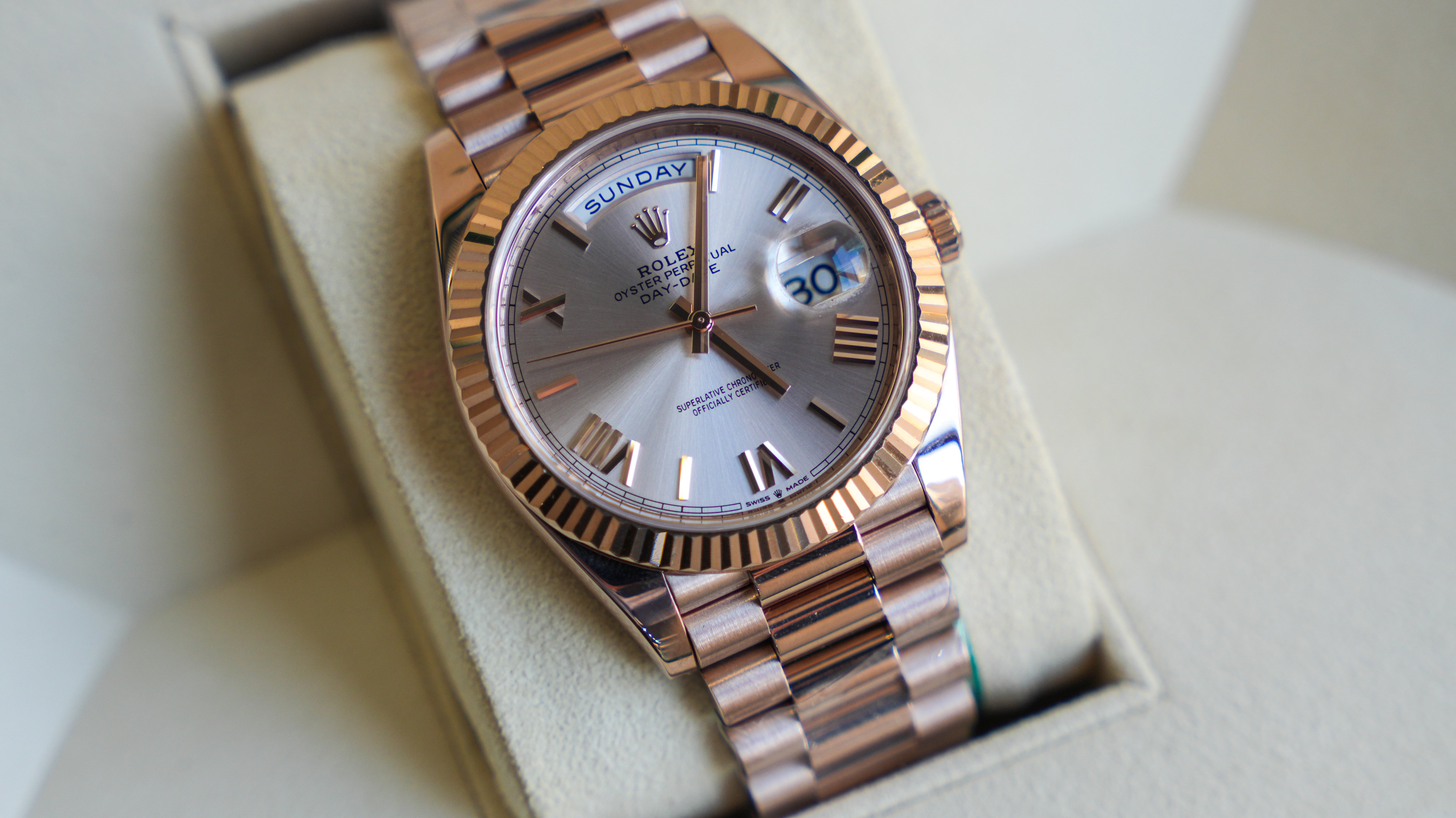 Rolex 228235 Day-Date Sundust Roman 40mm Everose Gold-Rolex-JD Watches NY