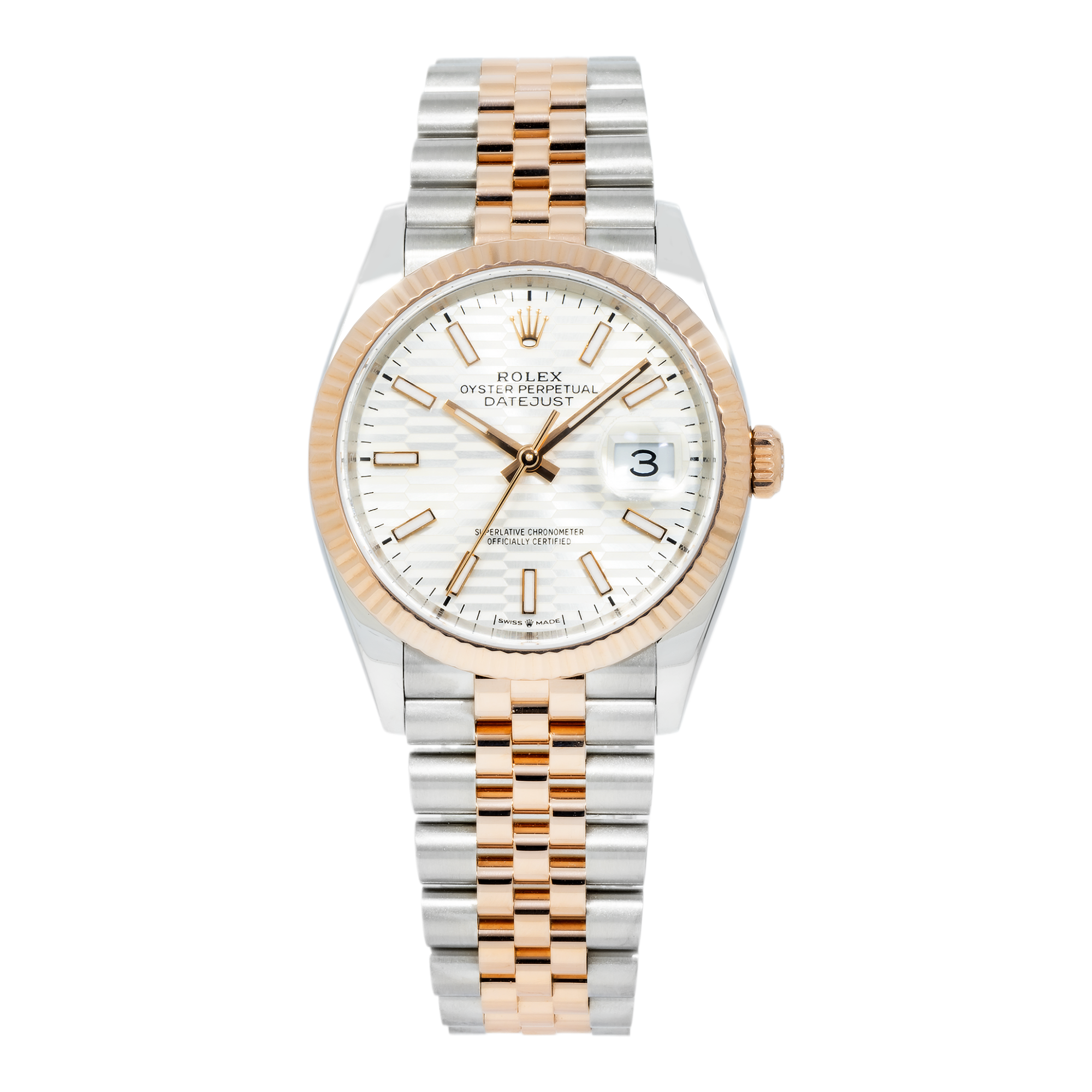Rolex 36mm Datejust Stainless Steel & Everose Gold 126231 with Silver fluted dial and Jubilee Bracelet (Year: 2023 to 2025)-Rolex-JD Watches NY