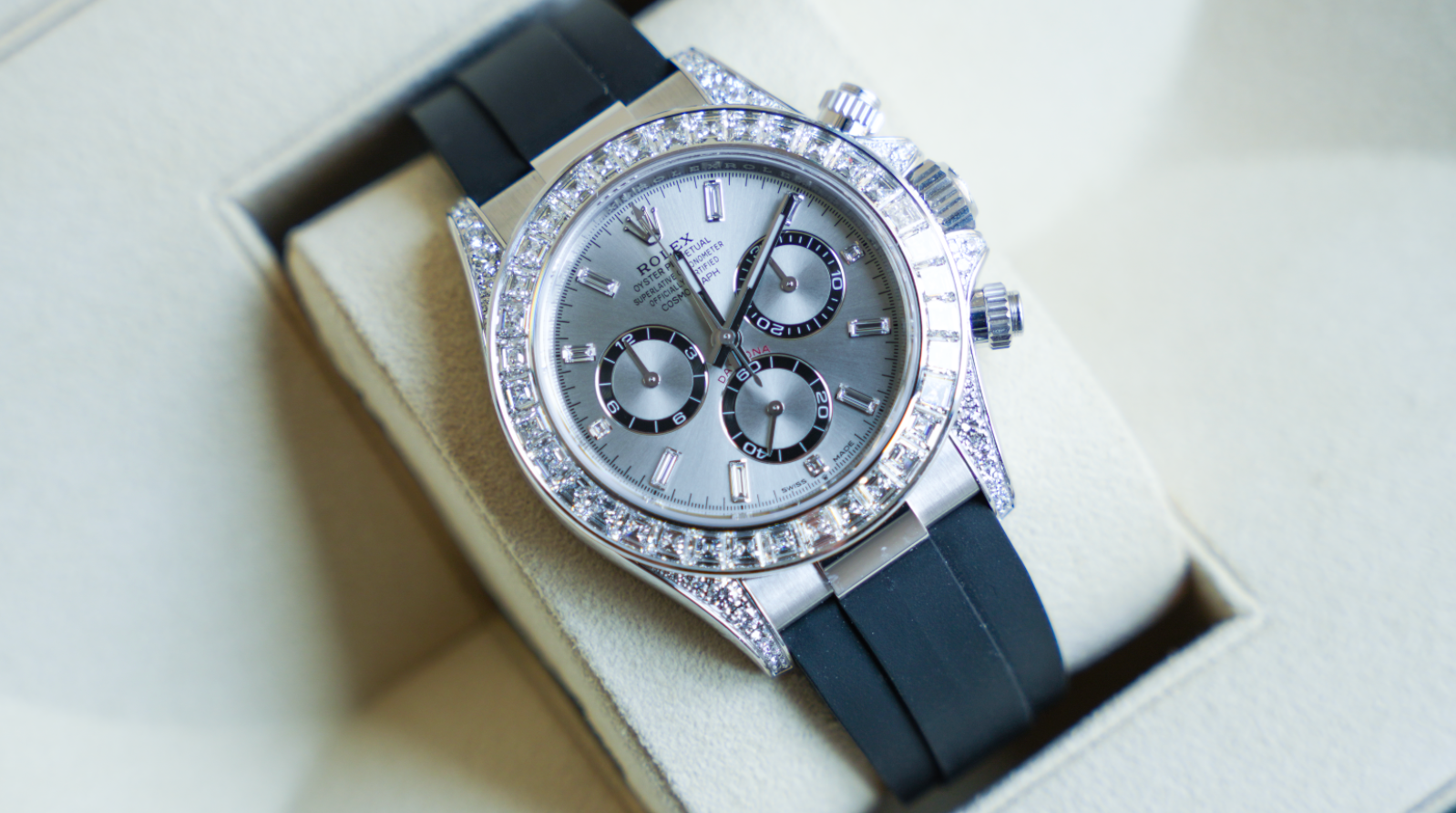 Rolex Cosmograph Daytona – 18k White Gold with Diamond Bezel Ref. 126539TBR-0002-Rolex-JD Watches NY