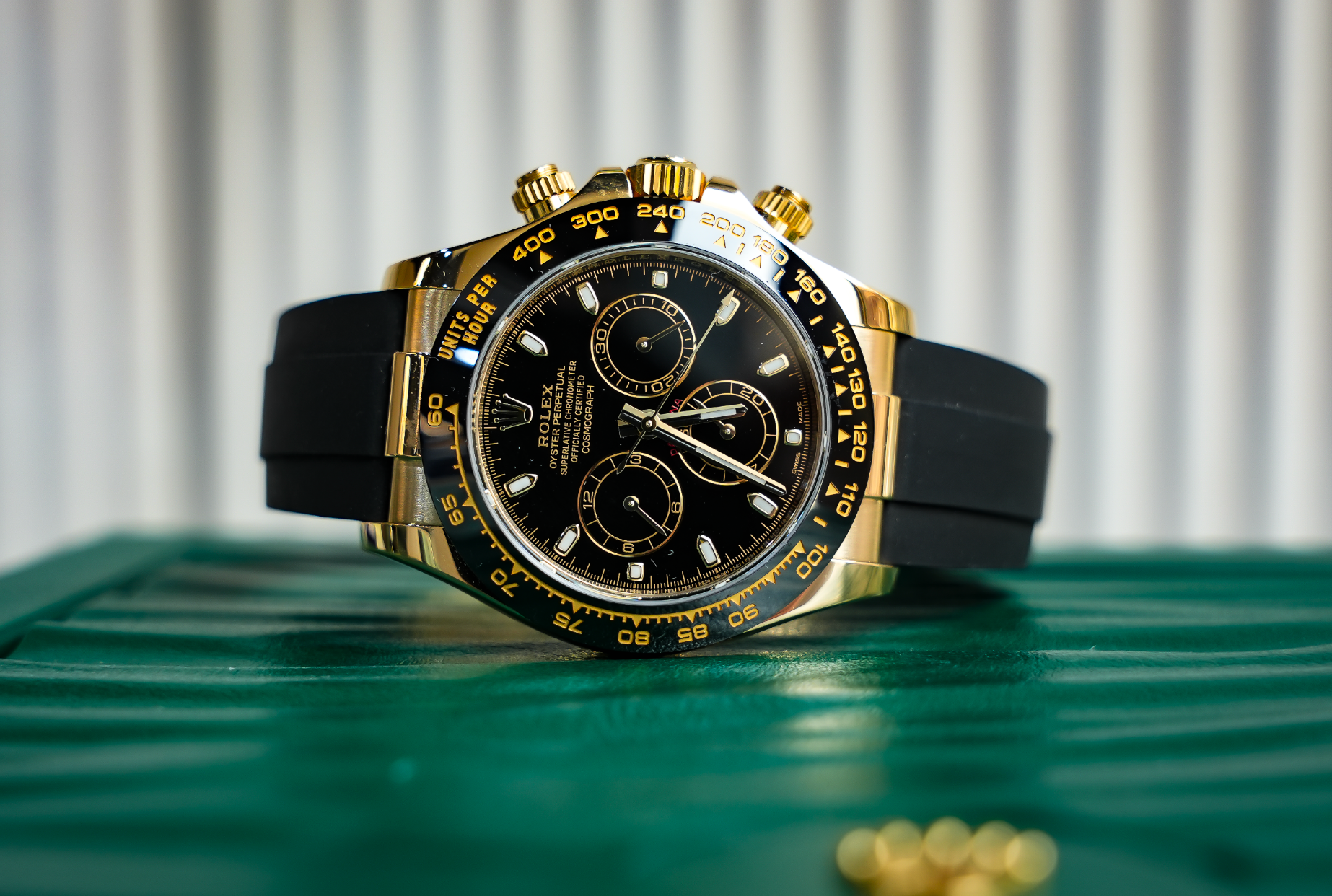 Rolex Cosmograph Daytona – Yellow Gold & Black Dial on Oysterflex Ref. 116518LN-Rolex-JD Watches NY