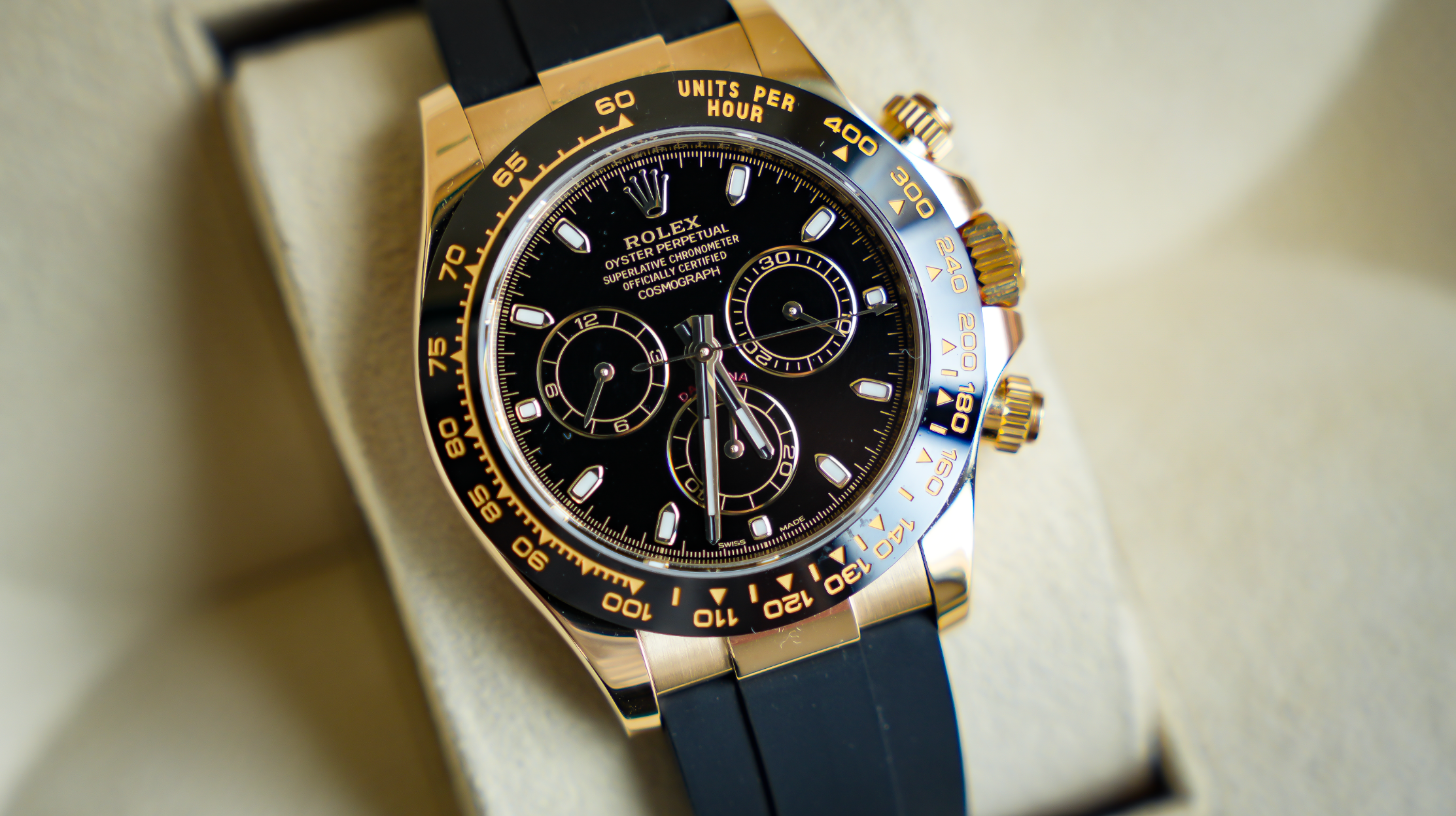 Rolex Cosmograph Daytona – Yellow Gold & Black Dial on Oysterflex Ref. 116518LN-Rolex-JD Watches NY