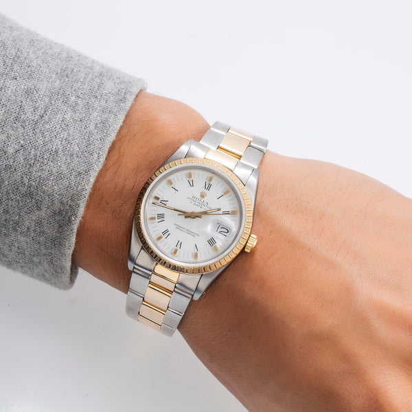 Rolex Date 15223 34mm White Roman Dial With Two Tone Oyster Bracelet-Rolex-JD Watches NY