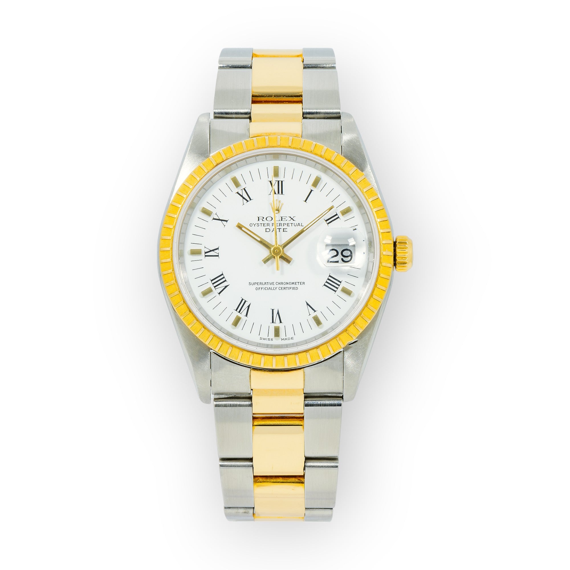 Rolex Date 15223 34mm White Roman Dial With Two Tone Oyster Bracelet-Rolex-JD Watches NY