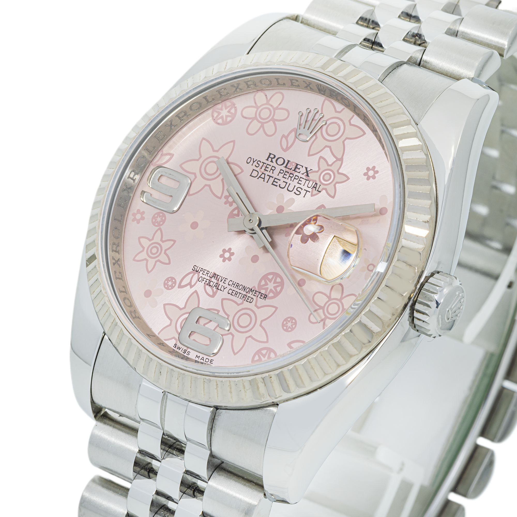 Rolex Datejust 36 116234 – Pink Floral Motif Arabic Dial, White Gold Fluted Bezel