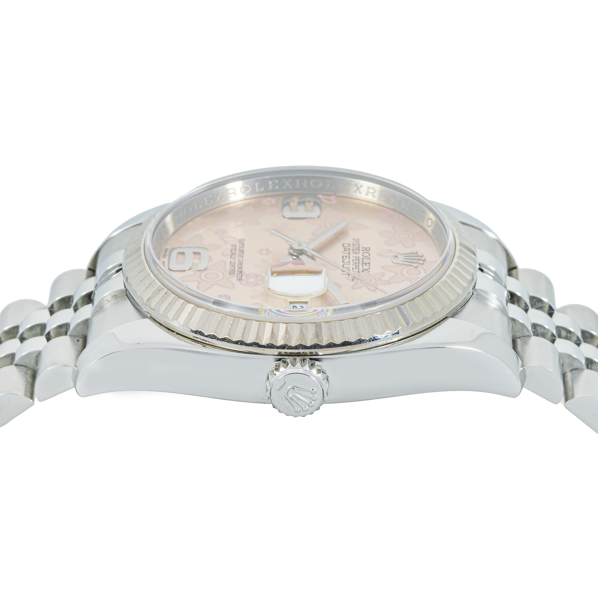 Rolex Datejust 36 116234 – Pink Floral Motif Arabic Dial, White Gold Fluted Bezel