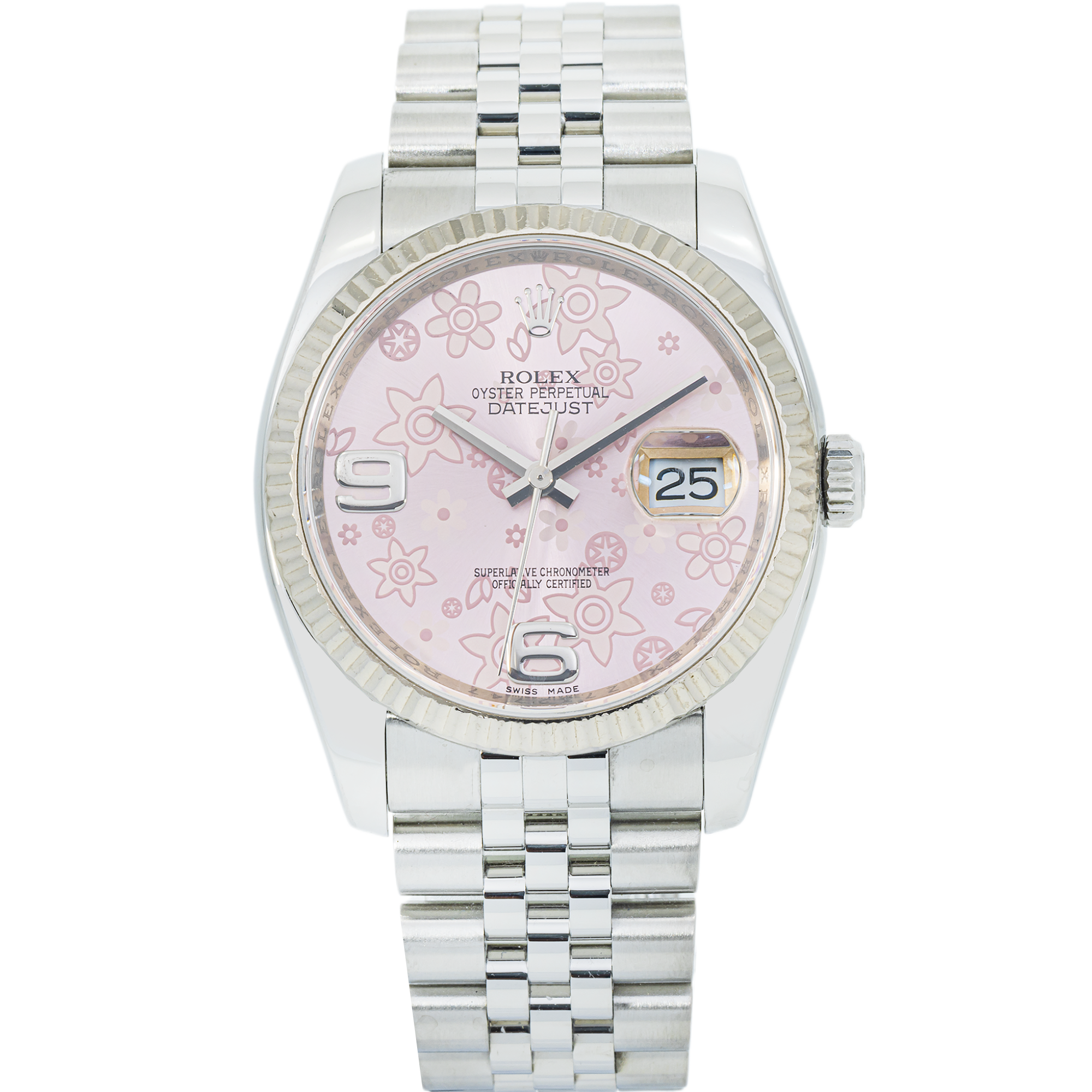 Rolex Datejust 36 116234 – Pink Floral Motif Arabic Dial, White Gold Fluted Bezel