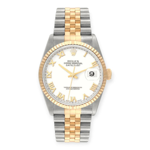 Rolex Datejust 36mm 16233  Steel Yellow Gold White Dial Mens Watch