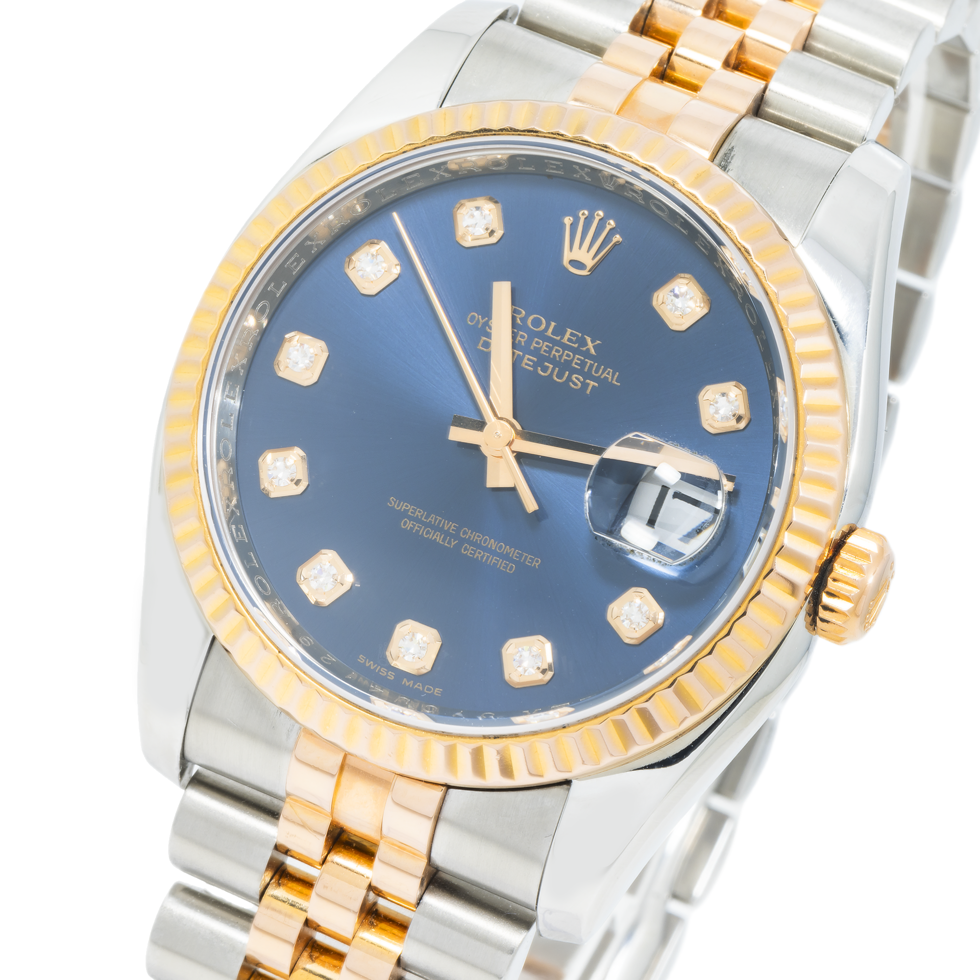 Rolex Datejust 36mm Steel & Rose Gold Fluted Bezel Ref. 116231 with Blue Diamond Dial and Jubilee Bracelet (Year: 2008- 2012)-Rolex-JD Watches NY