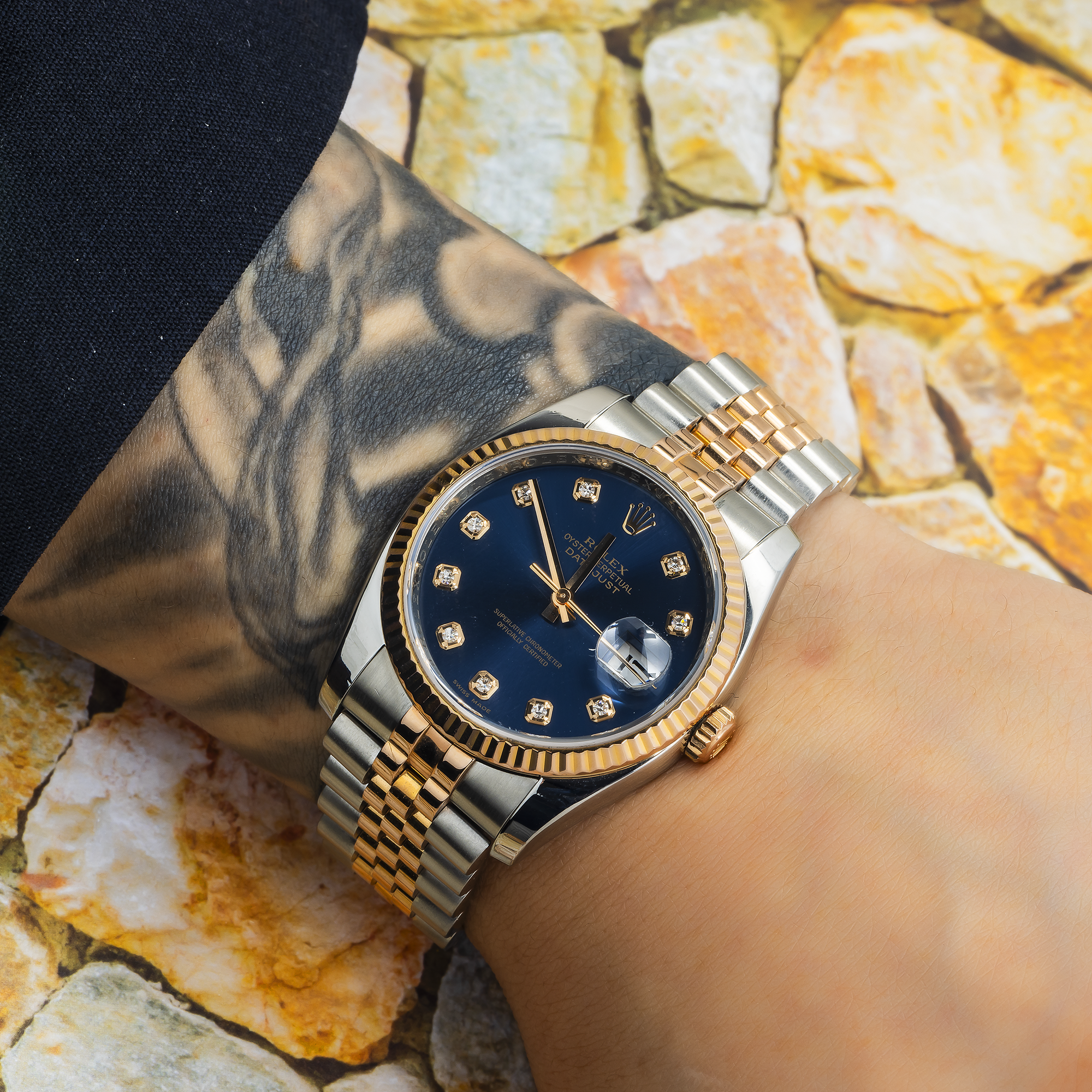 Rolex Datejust 36mm Steel & Rose Gold Fluted Bezel Ref. 116231 with Blue Diamond Dial and Jubilee Bracelet (Year: 2008- 2012)-Rolex-JD Watches NY