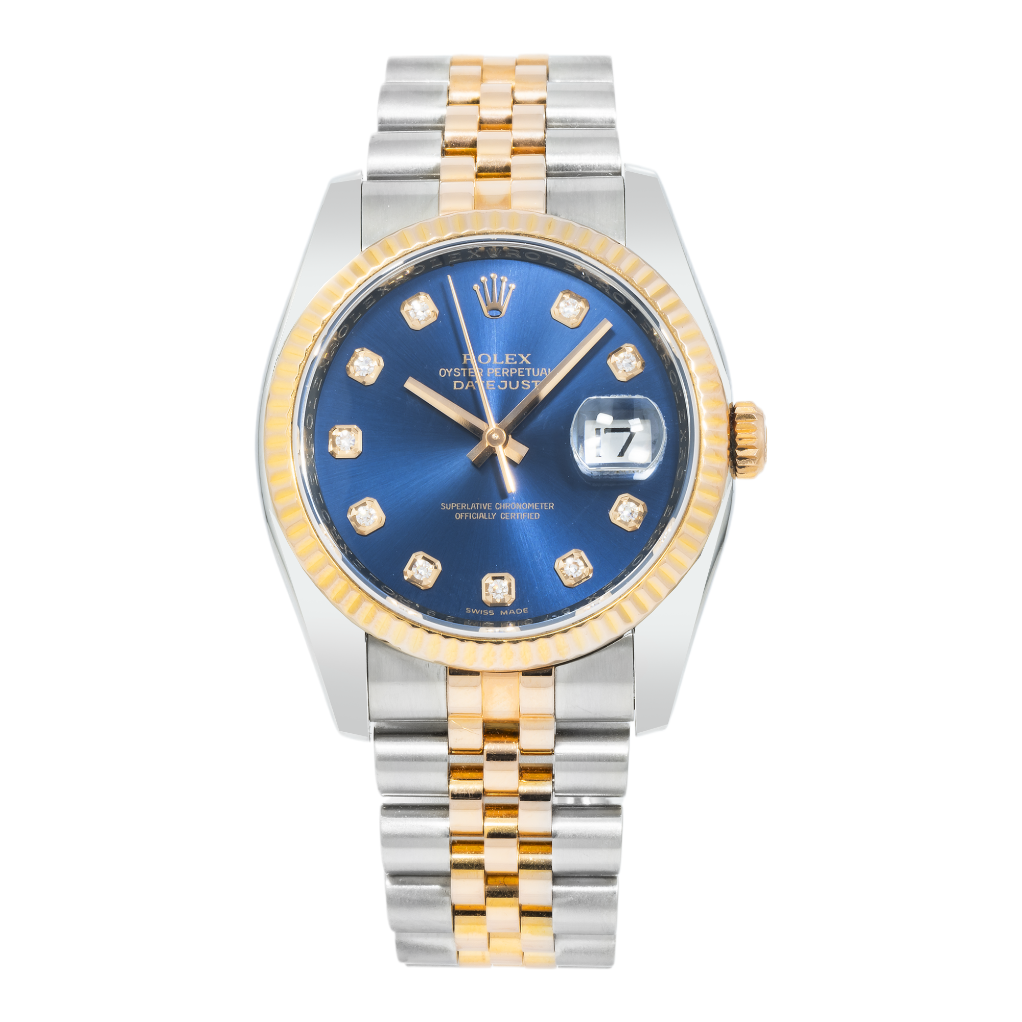 Rolex Datejust 36mm Steel & Rose Gold Fluted Bezel Ref. 116231 with Blue Diamond Dial and Jubilee Bracelet (Year: 2008- 2012)-Rolex-JD Watches NY
