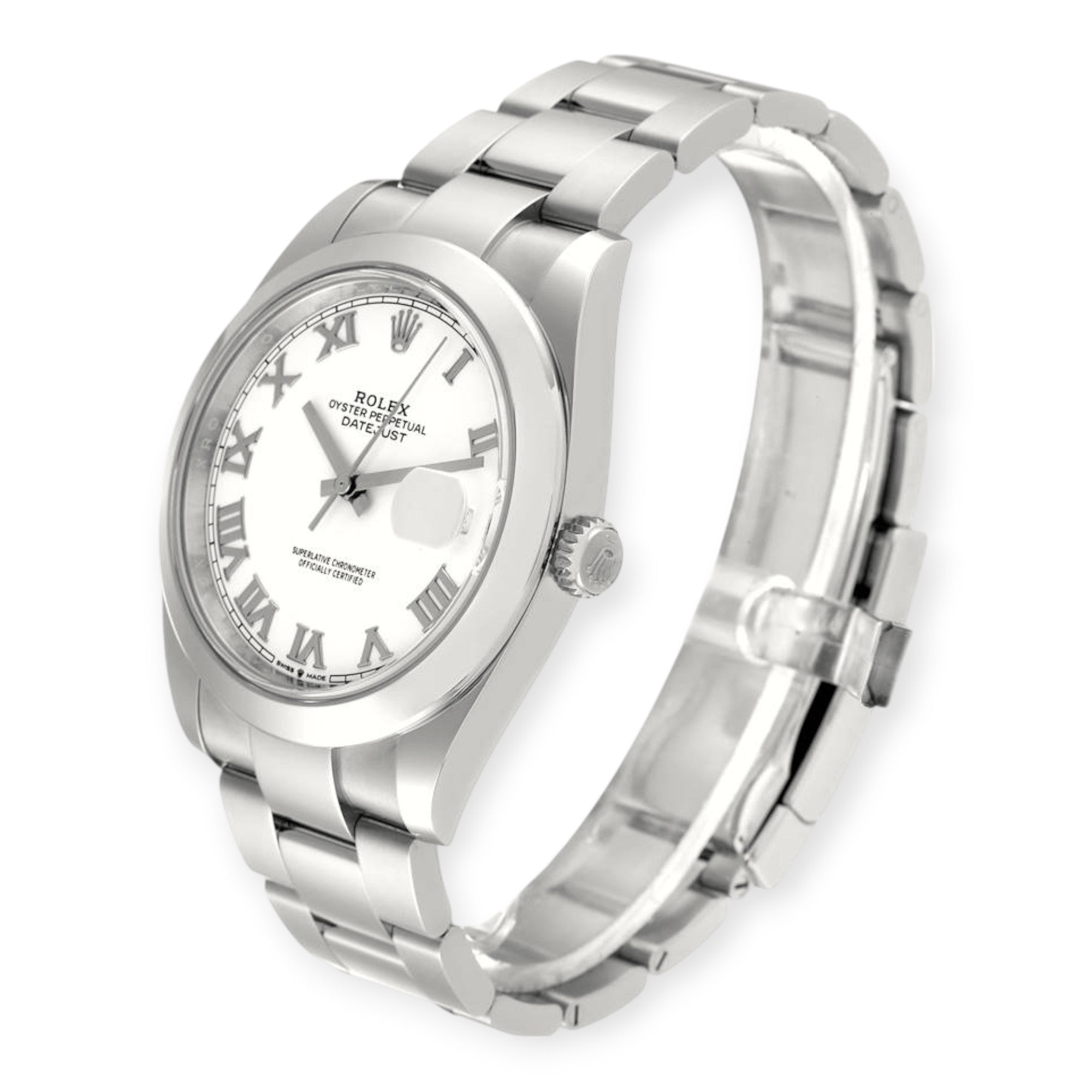 Rolex Datejust 41 White Roman Dial 126300 Smooth Bezel Steel Mens Watch-Rolex-JD Watches NY