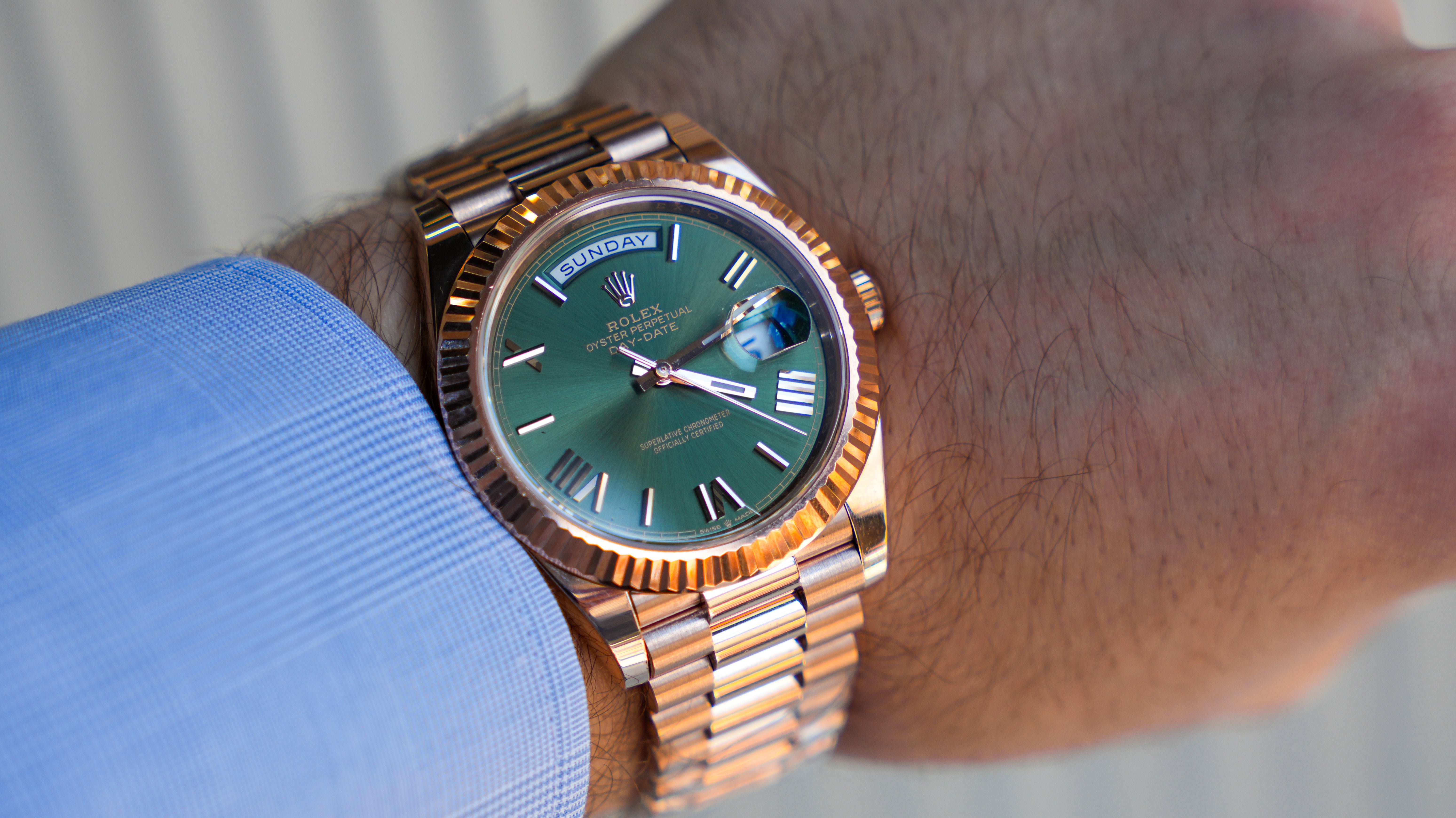 Rolex Day-Date 228235 – 40mm Everose Gold with Olive Green Roman Dial-Rolex-JD Watches NY