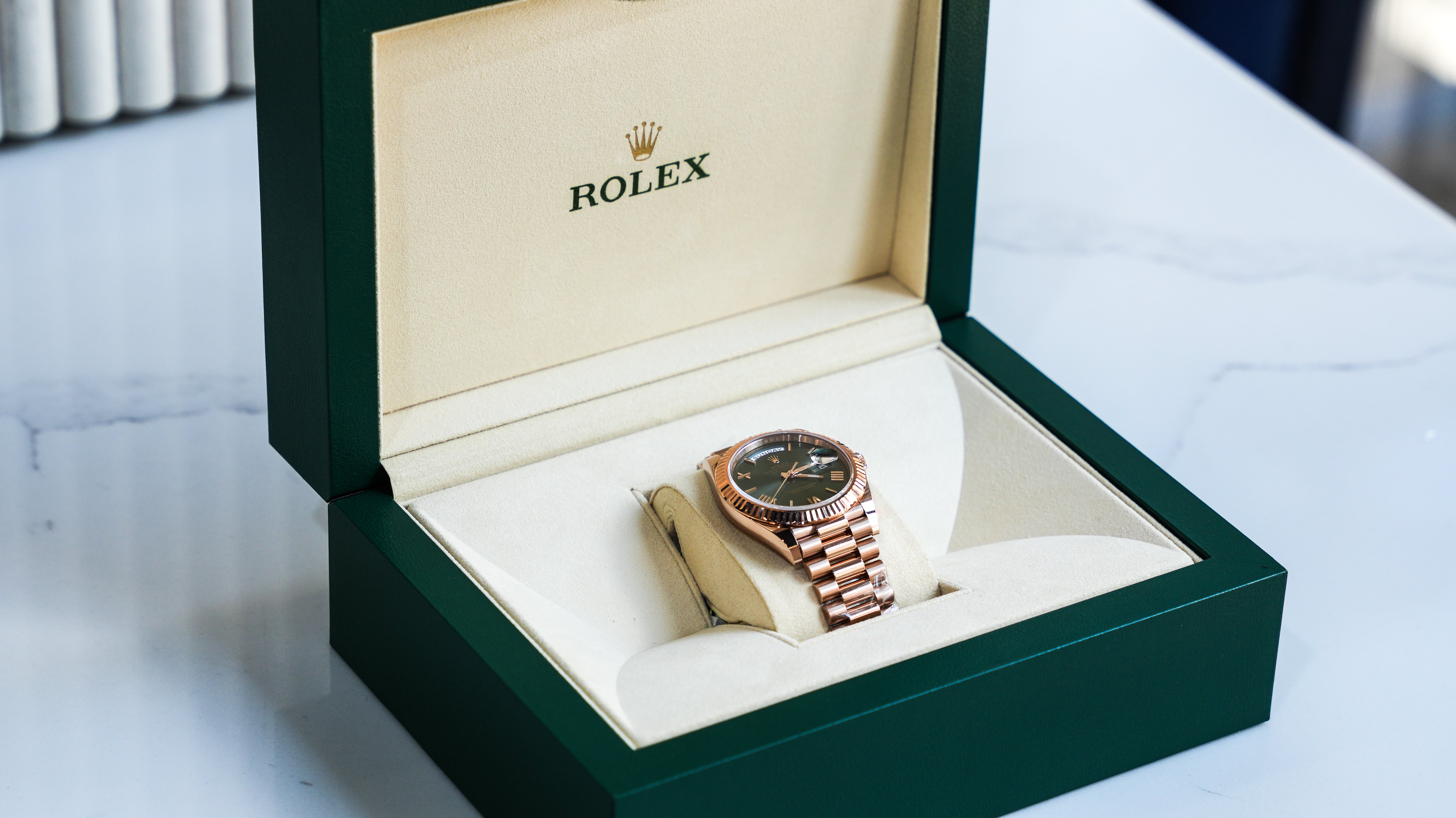 Rolex Day-Date 228235 – 40mm Everose Gold with Olive Green Roman Dial-Rolex-JD Watches NY