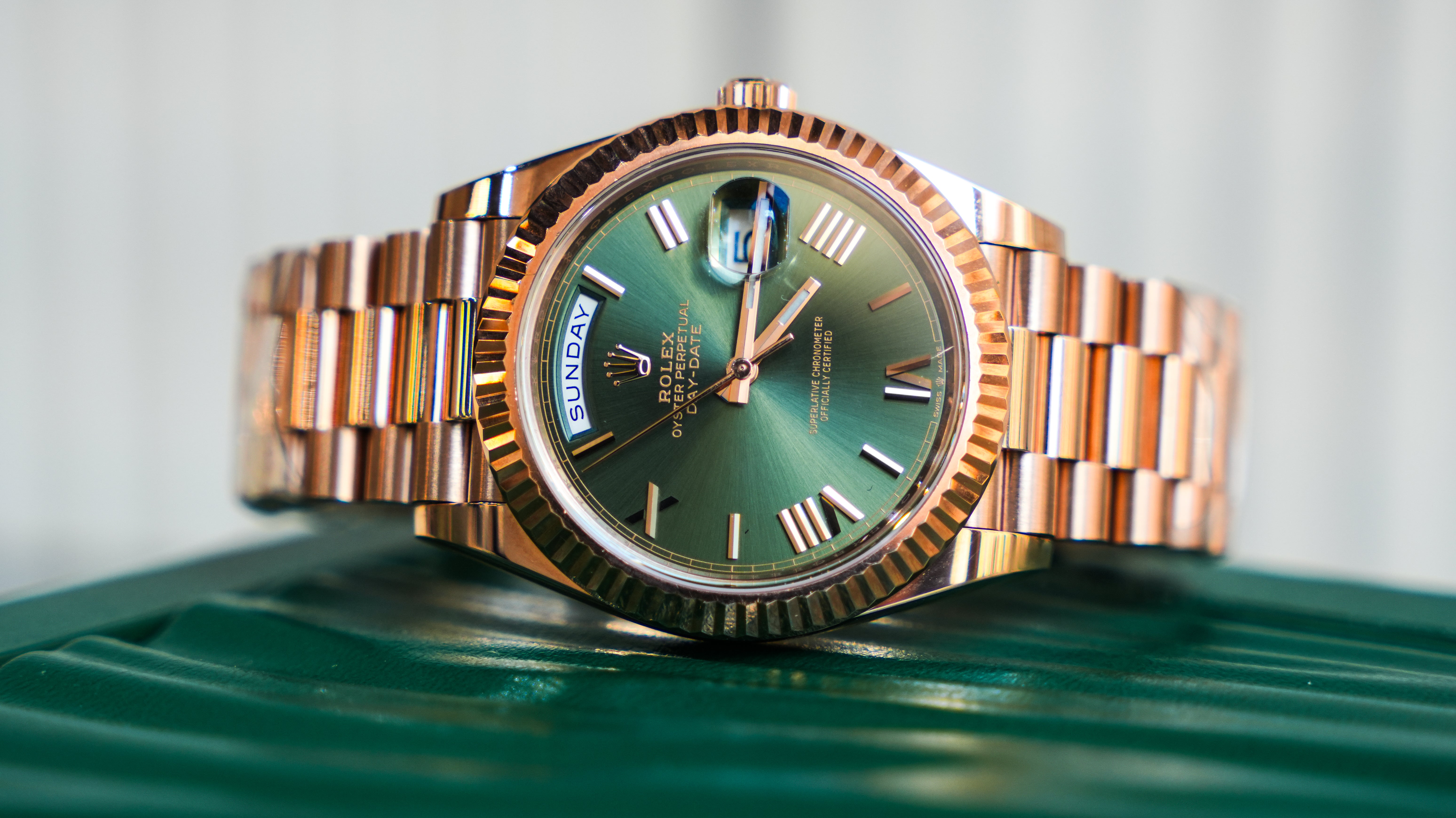 Rolex Day-Date 228235 – 40mm Everose Gold with Olive Green Roman Dial-Rolex-JD Watches NY