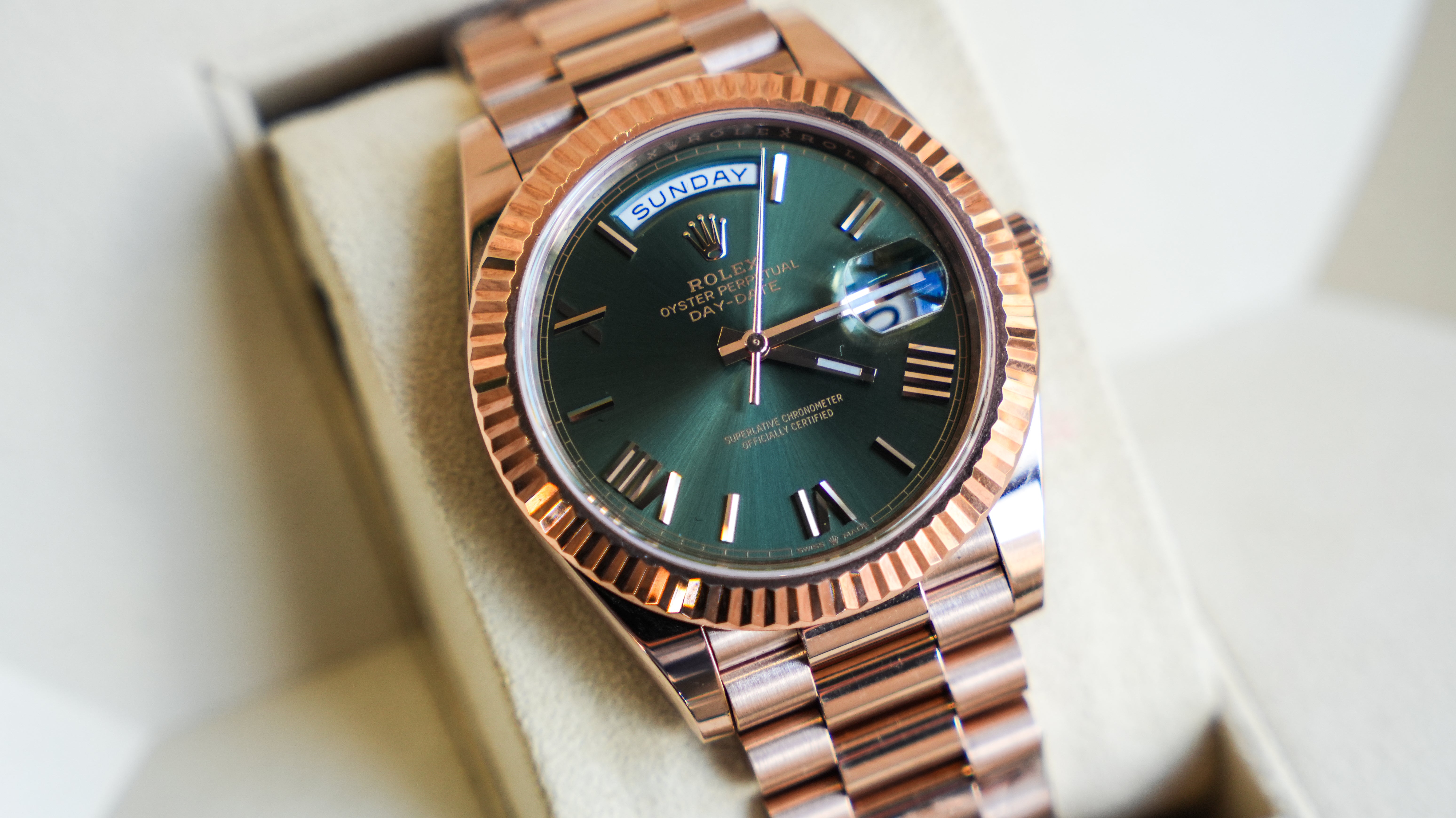 Rolex Day-Date 228235 – 40mm Everose Gold with Olive Green Roman Dial-Rolex-JD Watches NY