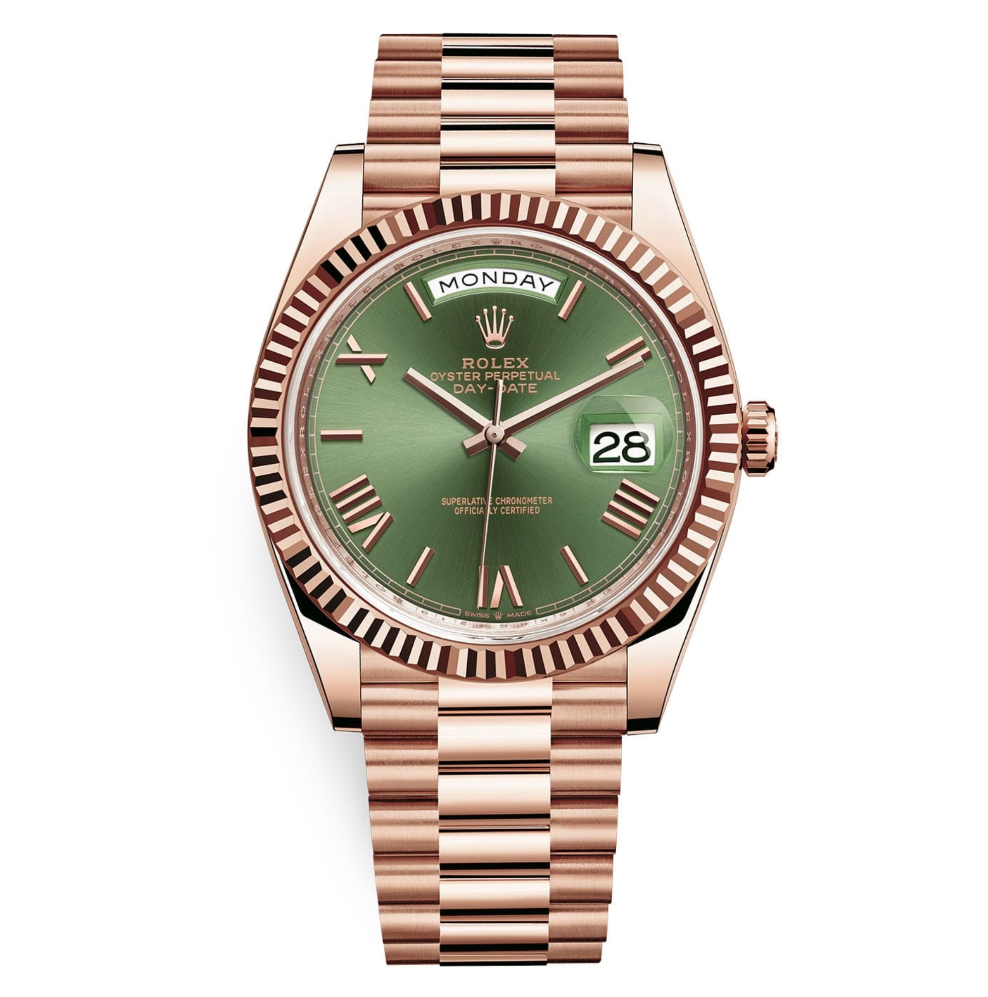 Rolex Day-Date 228235 – 40mm Everose Gold with Olive Green Roman Dial-Rolex-JD Watches NY