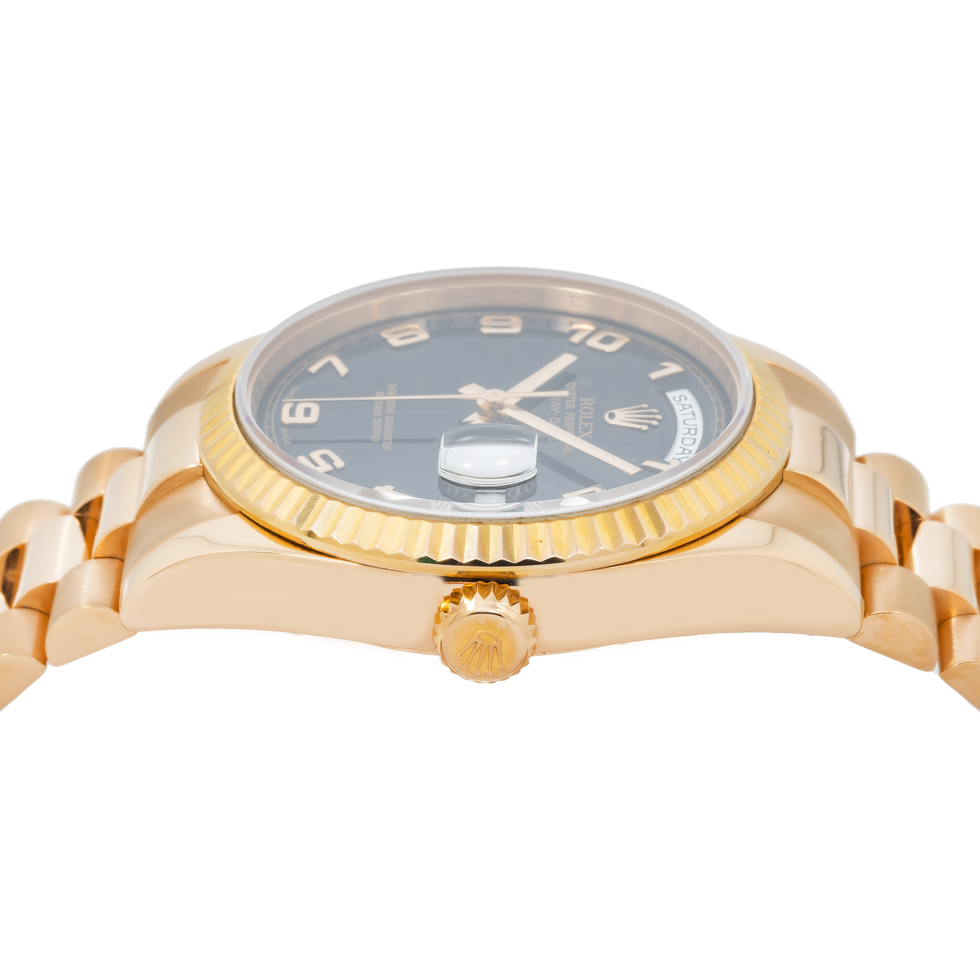 Rolex Day-Date 36mm 118235 Everose Gold Black Arabic Dial President Bracelet Men’s Watch (Year: 2000 to 2005)-Rolex-JD Watches NY