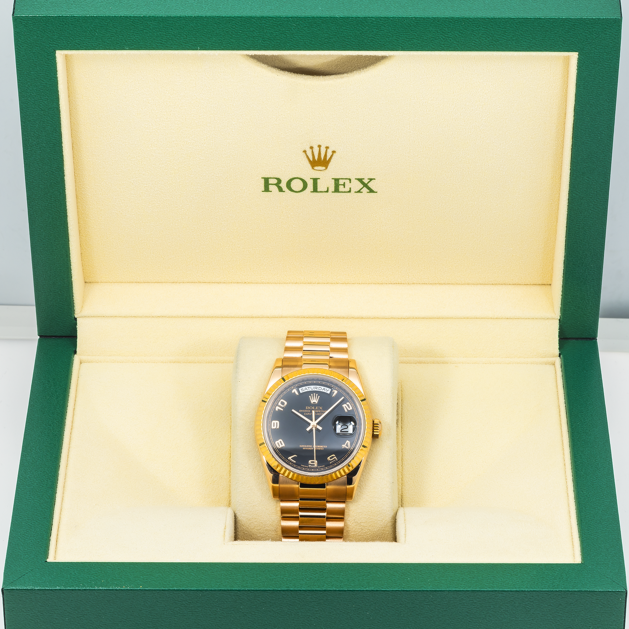 Rolex Day-Date 36mm 118235 Everose Gold Black Arabic Dial President Bracelet Men’s Watch (Year: 2000 to 2005)-Rolex-JD Watches NY