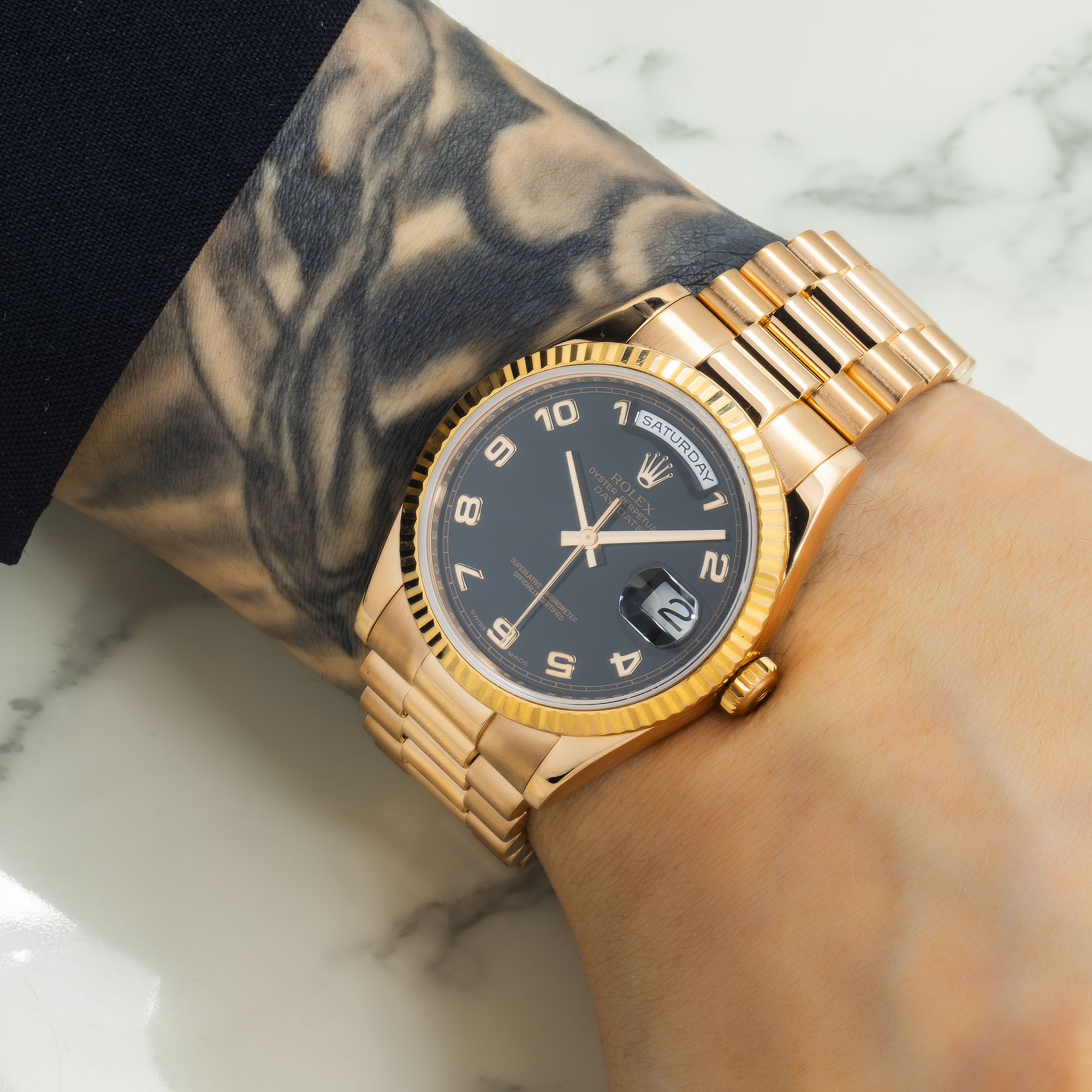 Rolex Day-Date 36mm 118235 Everose Gold Black Arabic Dial President Bracelet Men’s Watch (Year: 2000 to 2005)-Rolex-JD Watches NY