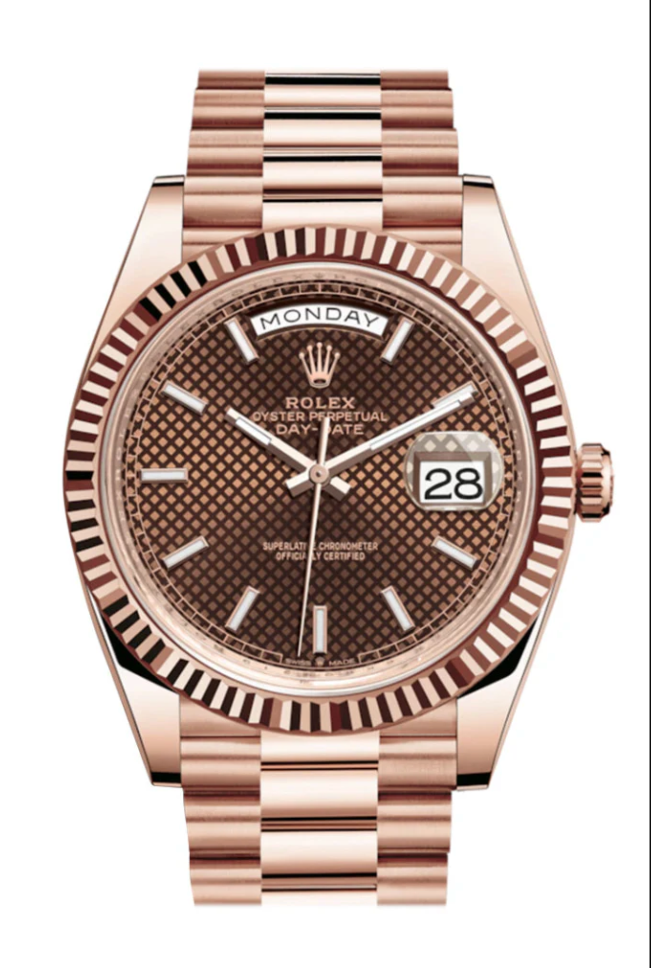 Rolex Day-Date 40 Chocolate Diagonal Motif Dial & Fluted Bezel 18K Everose Gold President 228235-Rolex-JD Watches NY