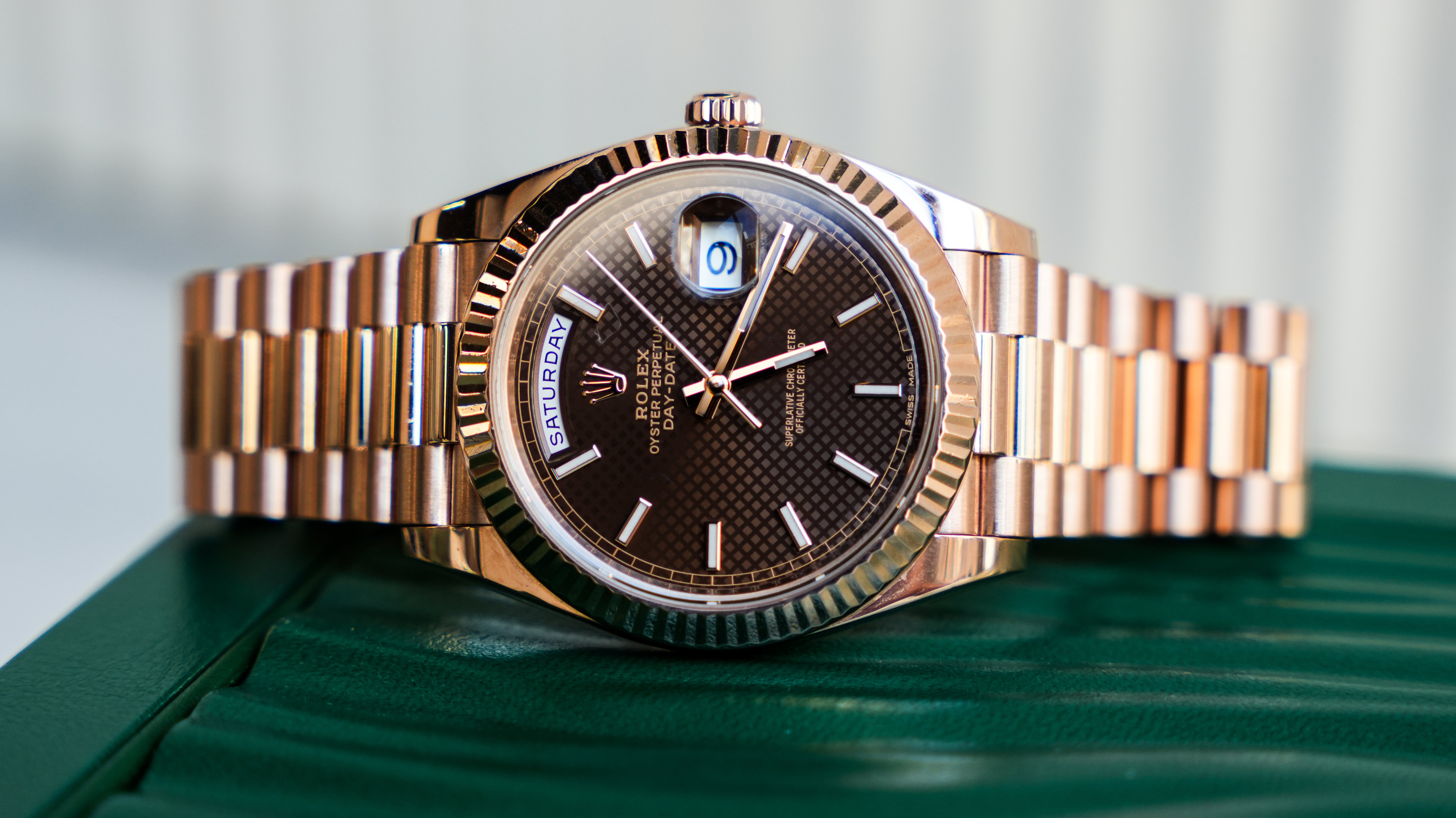 Rolex Day-Date 40 Chocolate Diagonal Motif Dial & Fluted Bezel 18K Everose Gold President 228235-Rolex-JD Watches NY