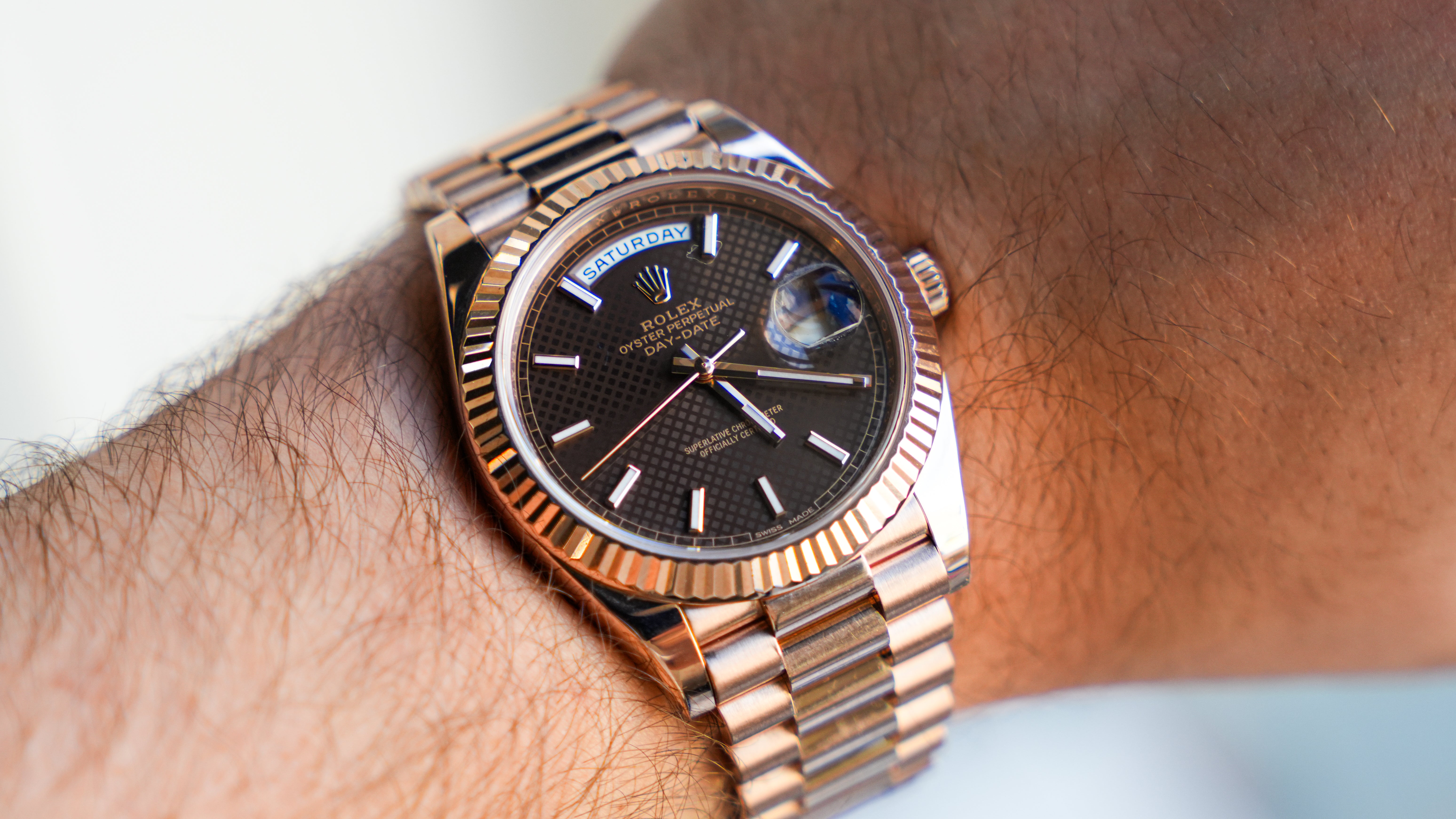 Rolex Day-Date 40 Chocolate Diagonal Motif Dial & Fluted Bezel 18K Everose Gold President 228235-Rolex-JD Watches NY