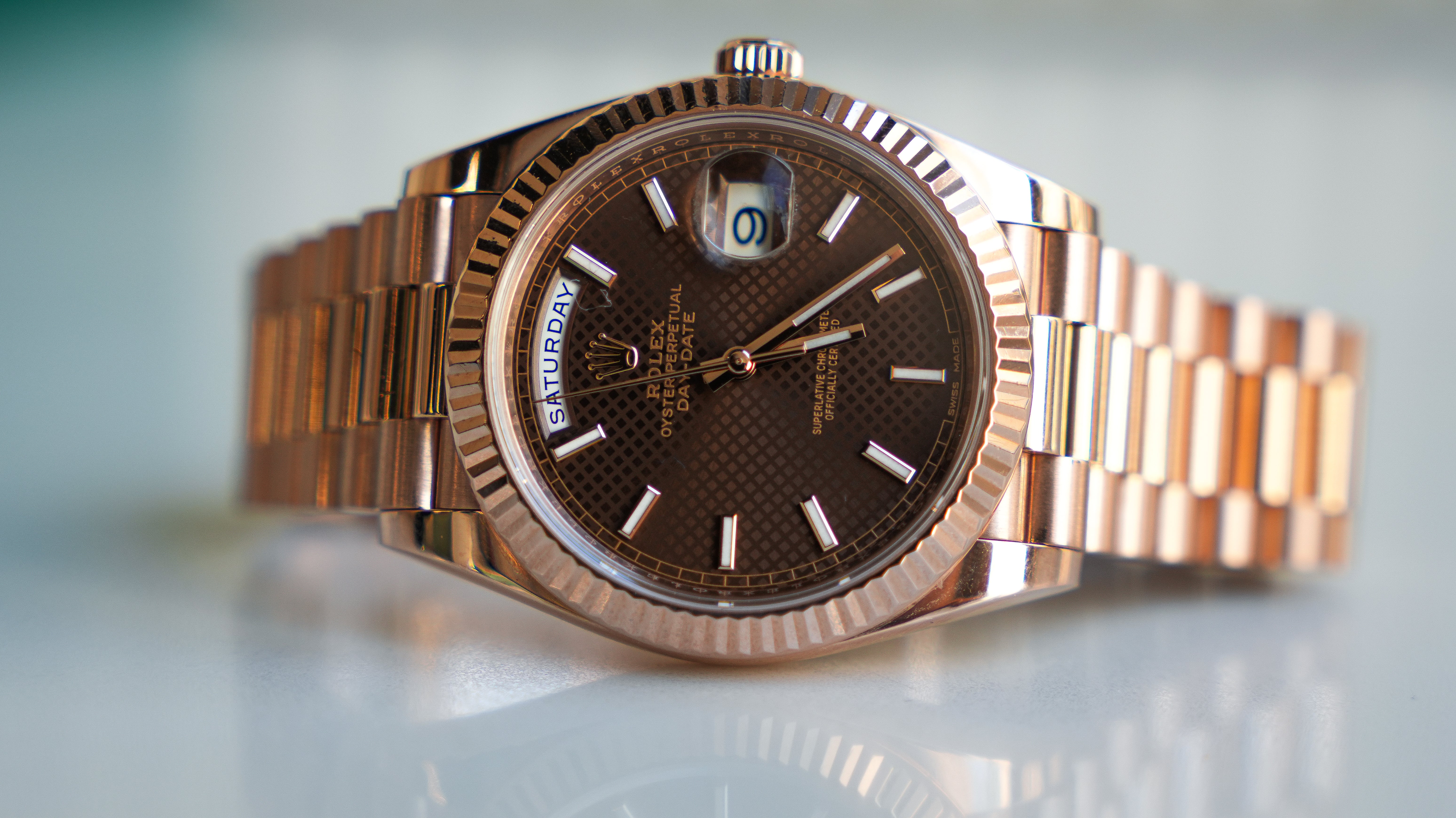 Rolex Day-Date 40 Chocolate Diagonal Motif Dial & Fluted Bezel 18K Everose Gold President 228235-Rolex-JD Watches NY