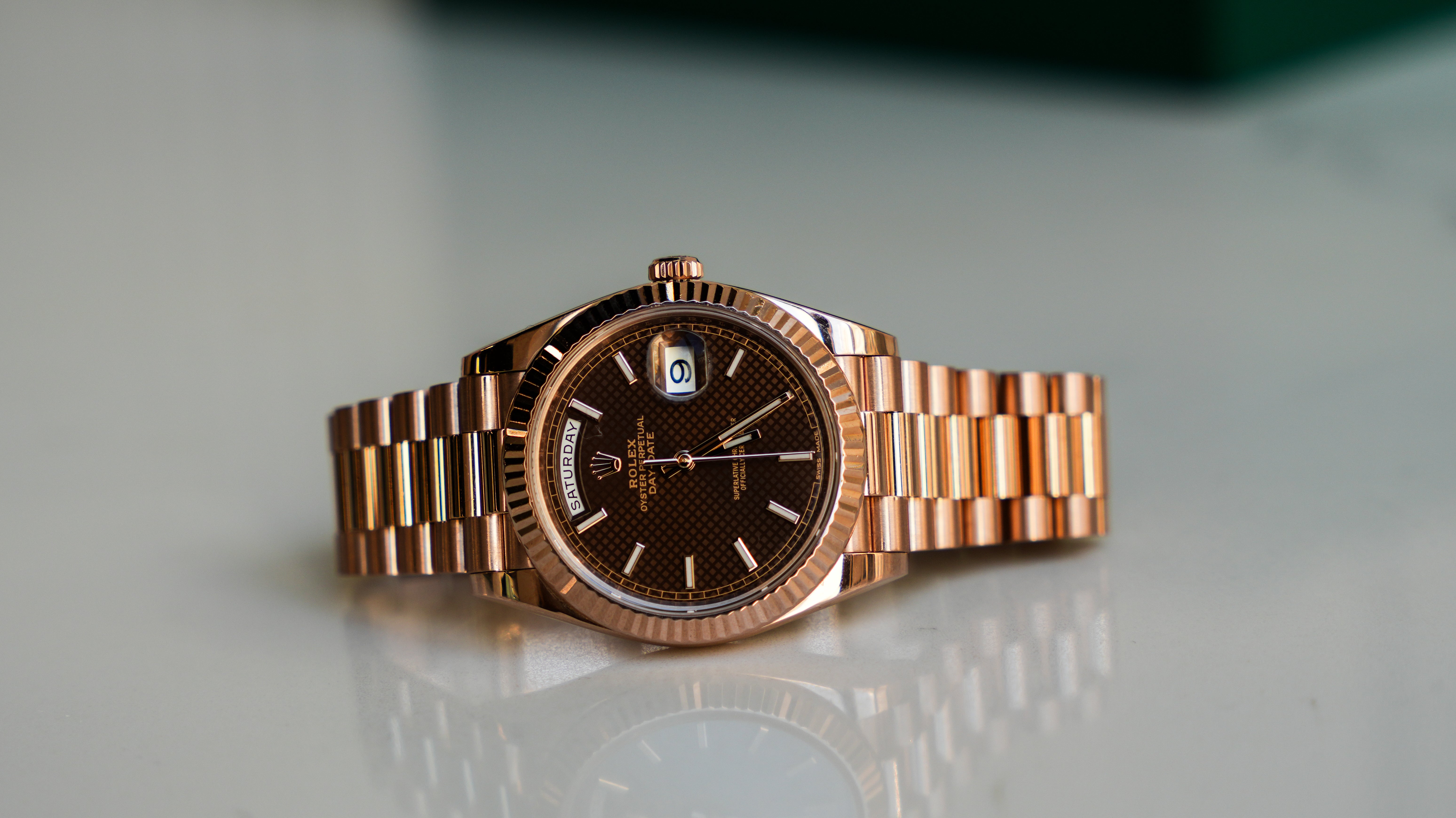 Rolex Day-Date 40 Chocolate Diagonal Motif Dial & Fluted Bezel 18K Everose Gold President 228235-Rolex-JD Watches NY