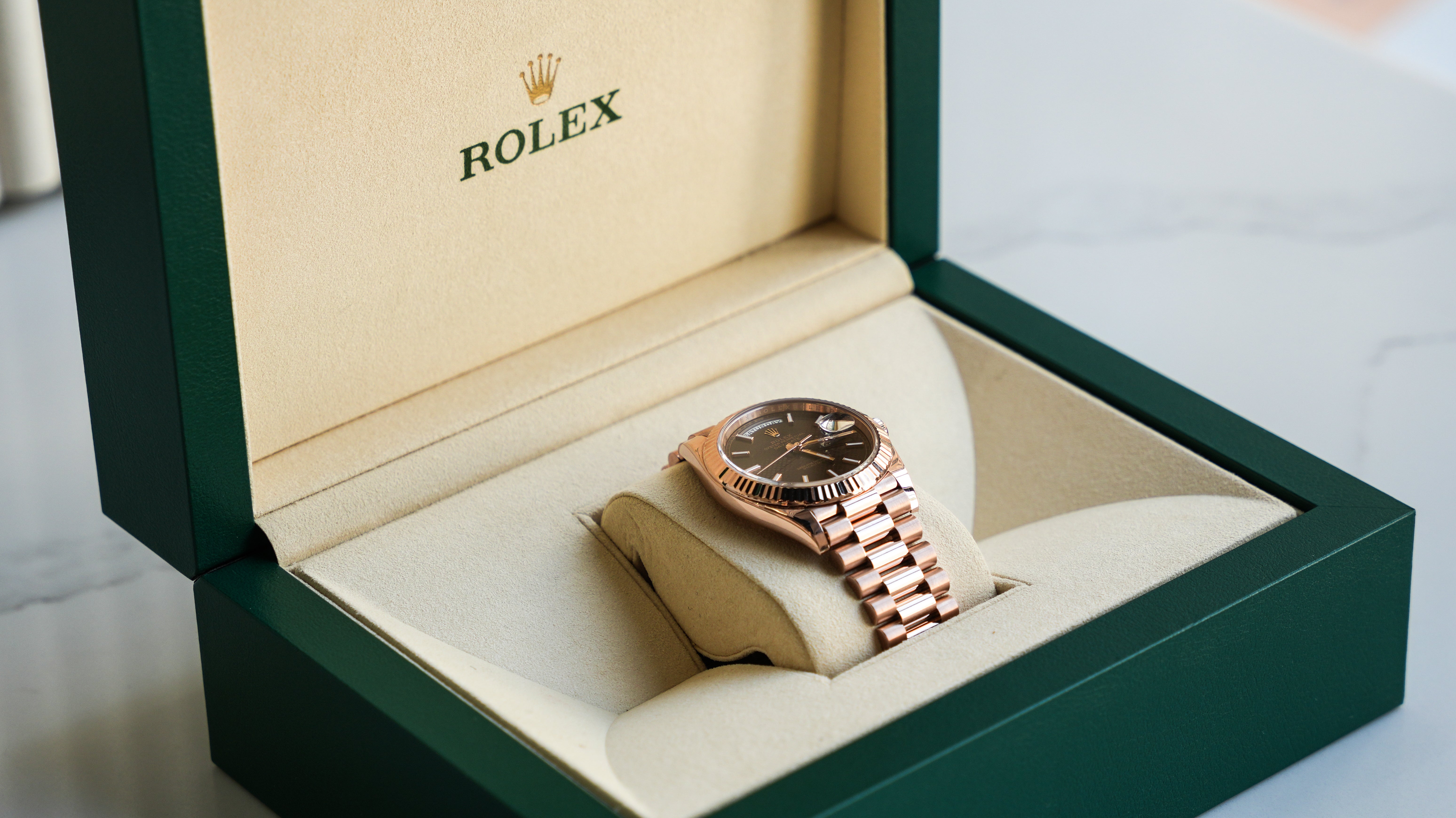 Rolex Day-Date 40 Chocolate Diagonal Motif Dial & Fluted Bezel 18K Everose Gold President 228235-Rolex-JD Watches NY