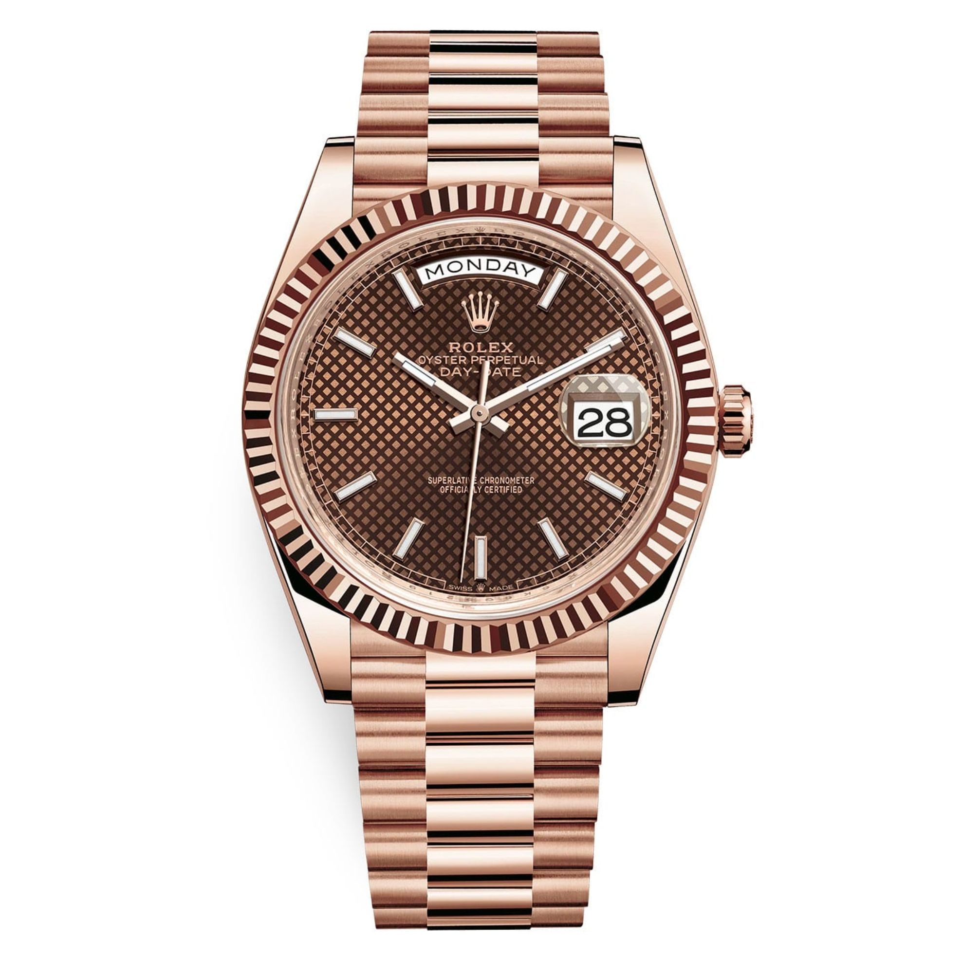 Rolex Day-Date 40 Chocolate Diagonal Motif Dial & Fluted Bezel 18K Everose Gold President 228235-Rolex-JD Watches NY