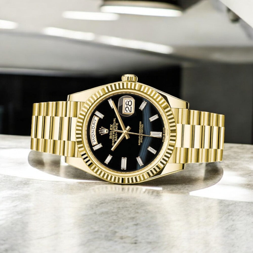Rolex Day Date 40 Yellow Gold Black Onyx Diamond Dial with President Bracelet-Rolex-JD Watches NY