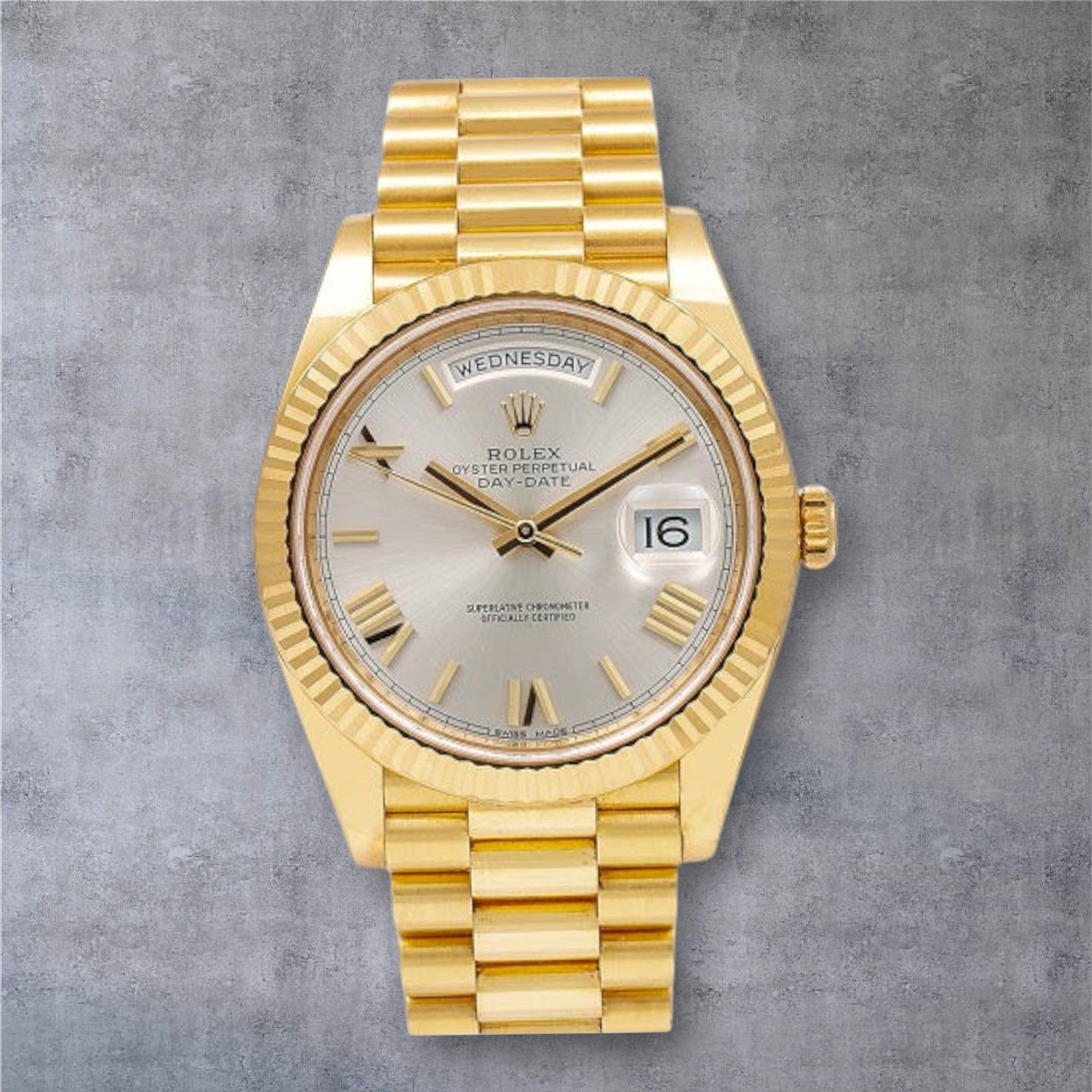 Rolex Day Date 40 Yellow Gold President Silver Roman Dial 218238-Rolex-JD Watches NY