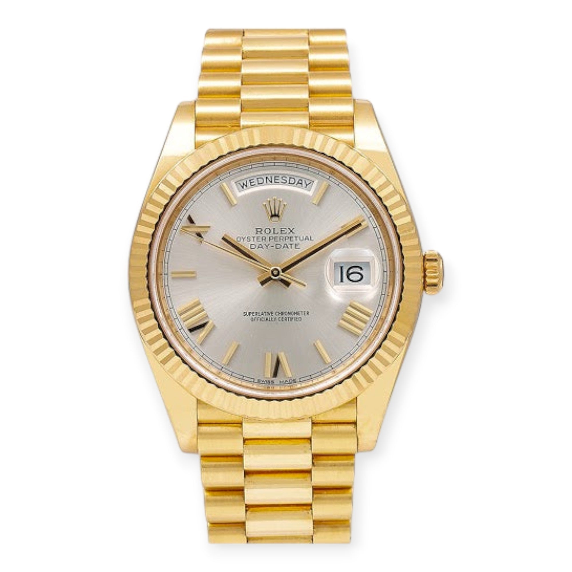 Rolex Day Date 40 Yellow Gold President Silver Roman Dial 218238-Rolex-JD Watches NY
