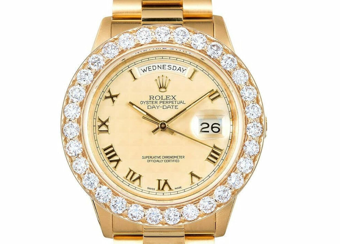 Rolex Day-Date 41 18k Yellow Gold Champagne Roman Dial – Ref. 218238 – Aftermarket Diamond Bezel