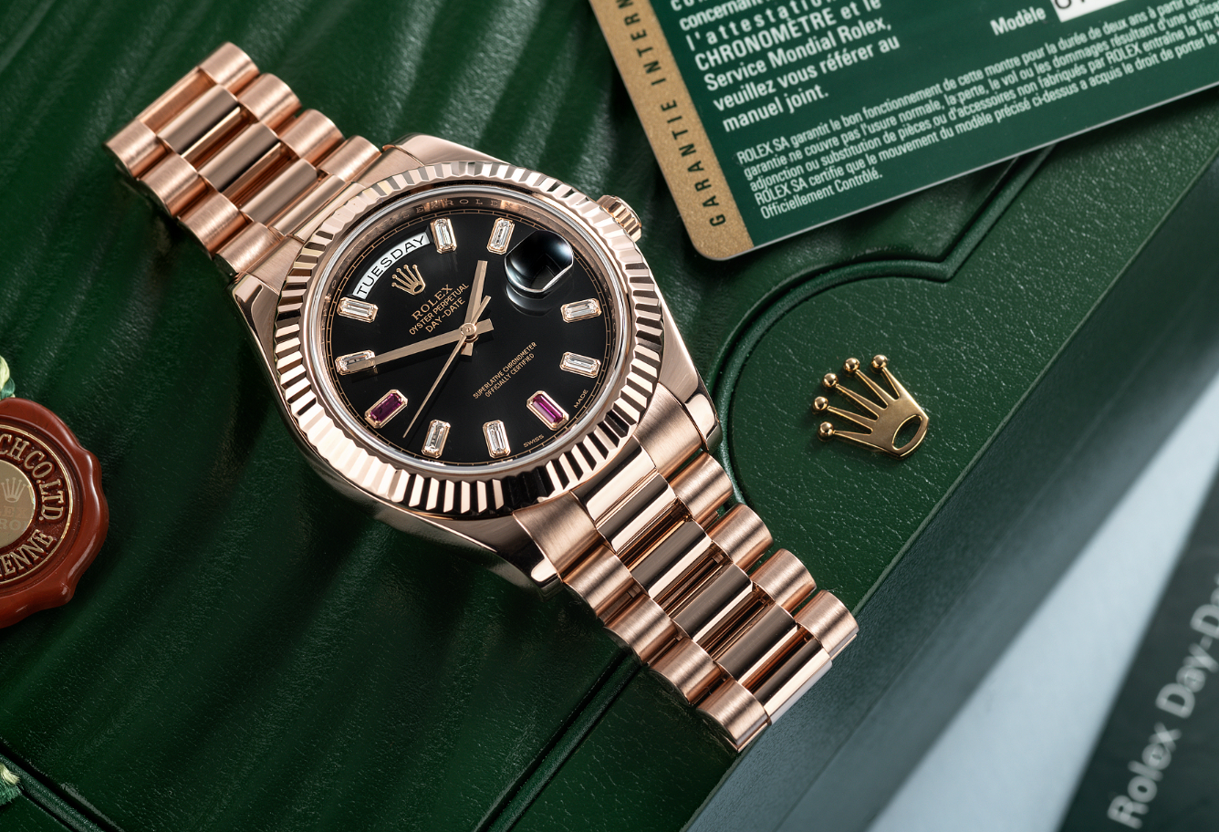 Rolex Day-Date II 41mm 218235 – Black Dial with Factory Ruby & Diamond Markers – 18K Rose Gold President Bracelet-Rolex-JD Watches NY